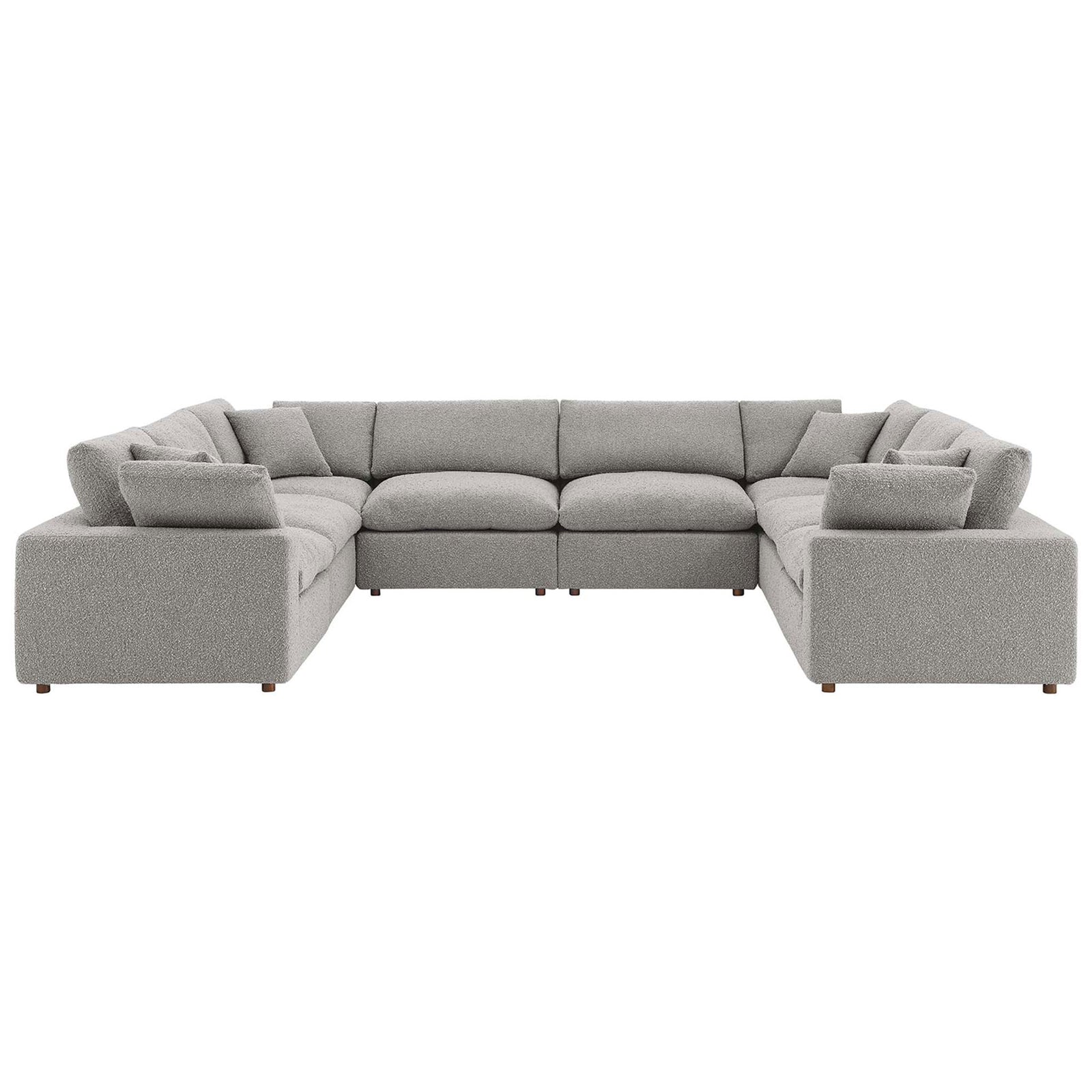 Expansive light gray boucle U-shaped sectional with deep overstuffed cushions for lounge ready comfort || EEI-6371-LGR || front_studio