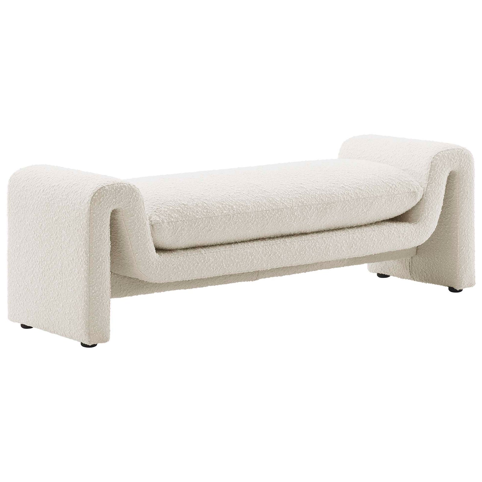 Sculptural ivory boucle bench with wavy silhouette and plush removable cushion || EEI-6379-IVO || front_angle_studio
