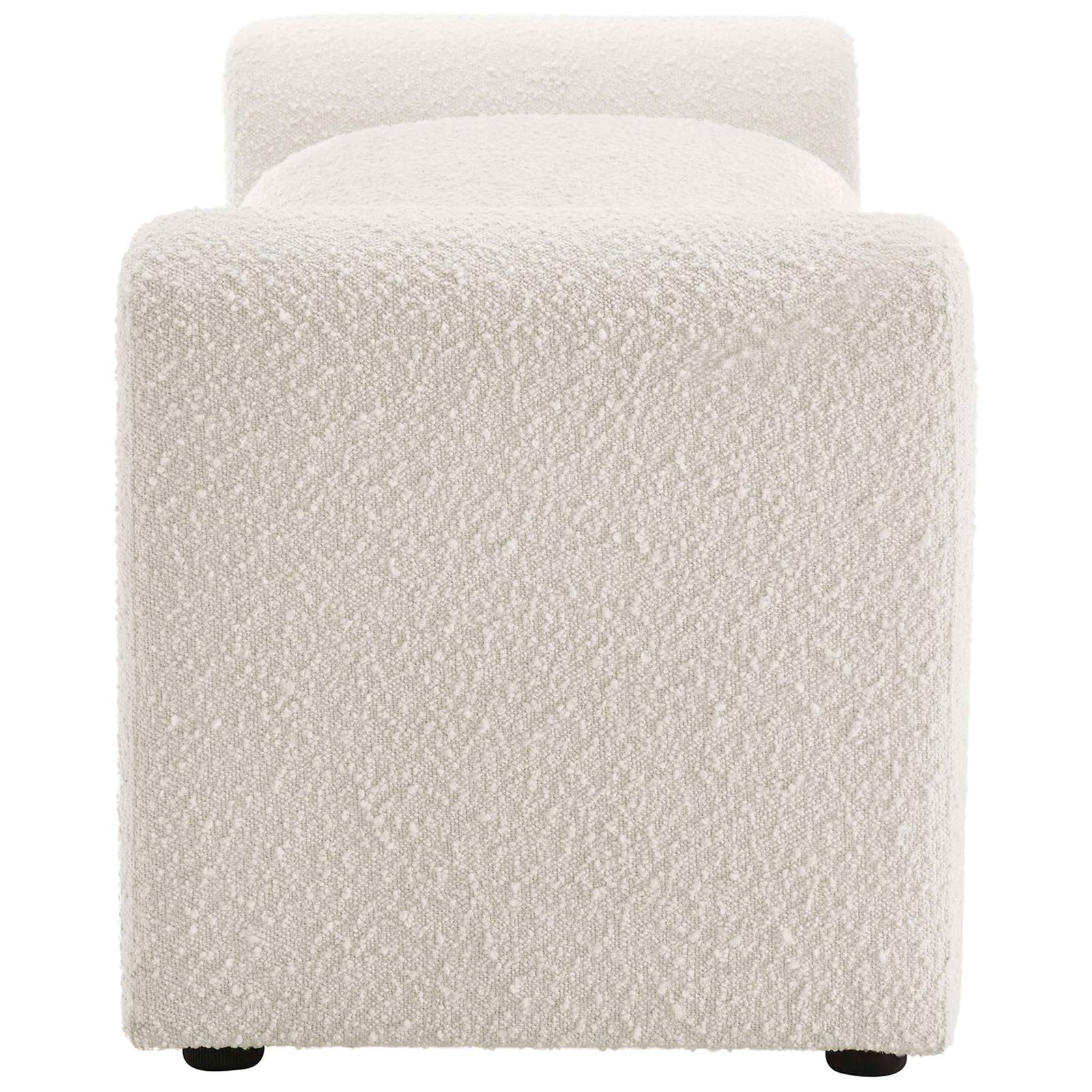 Textured boucle upholstery and curved end profile highlight the bench's modern form || EEI-6379-IVO || detail_studio