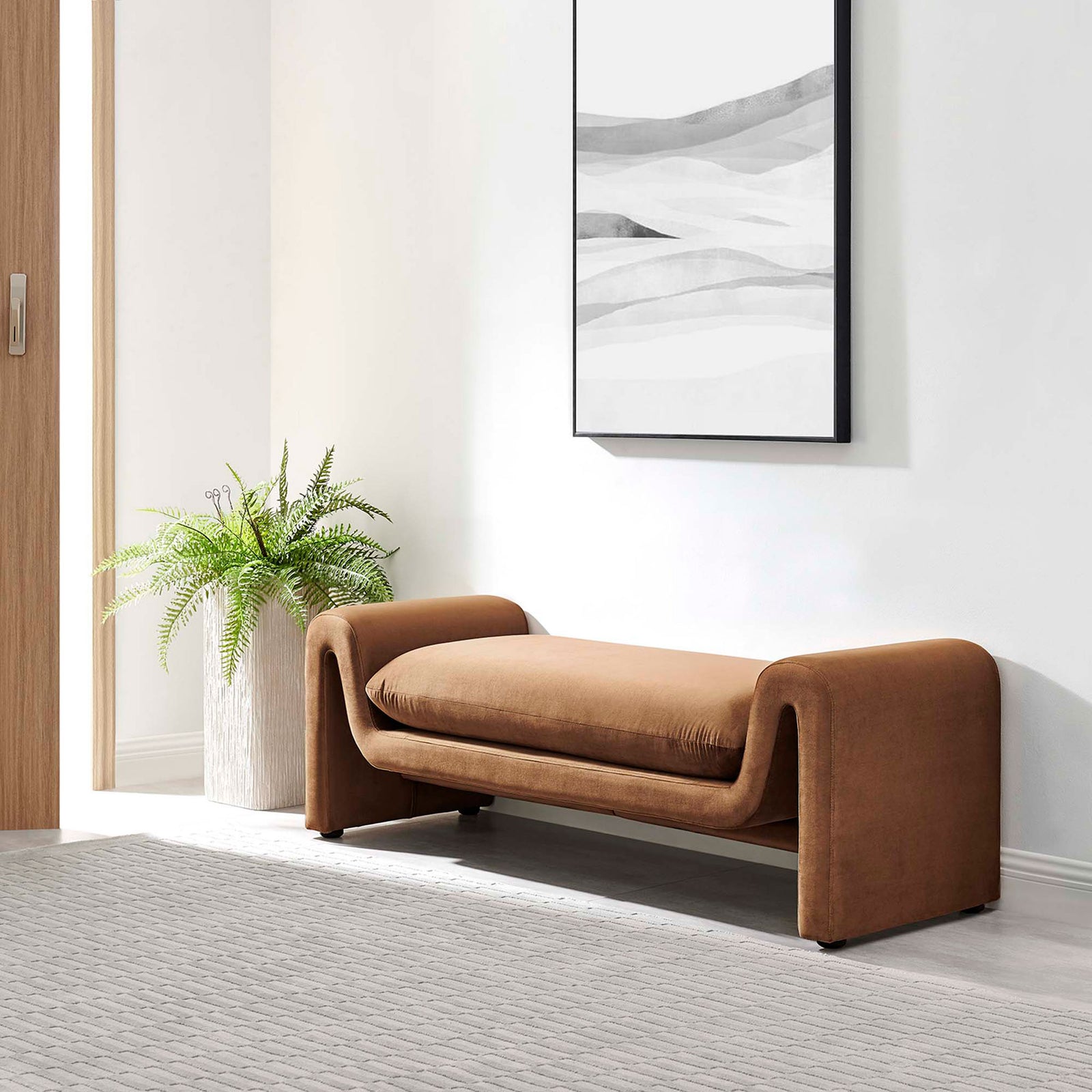 Sleek brown velvet bench introduces sculptural curves and inviting comfort to modern interiors || EEI-6380-BRN || front_angle_room
