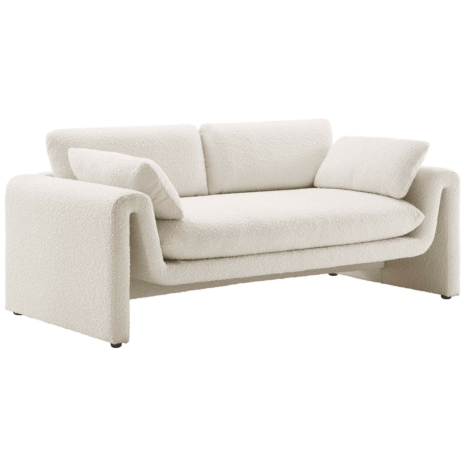 Curved ivory boucle sofa with plush bench seat and two matching pillows for modern lounging || EEI-6381-IVO || front_angle_studio