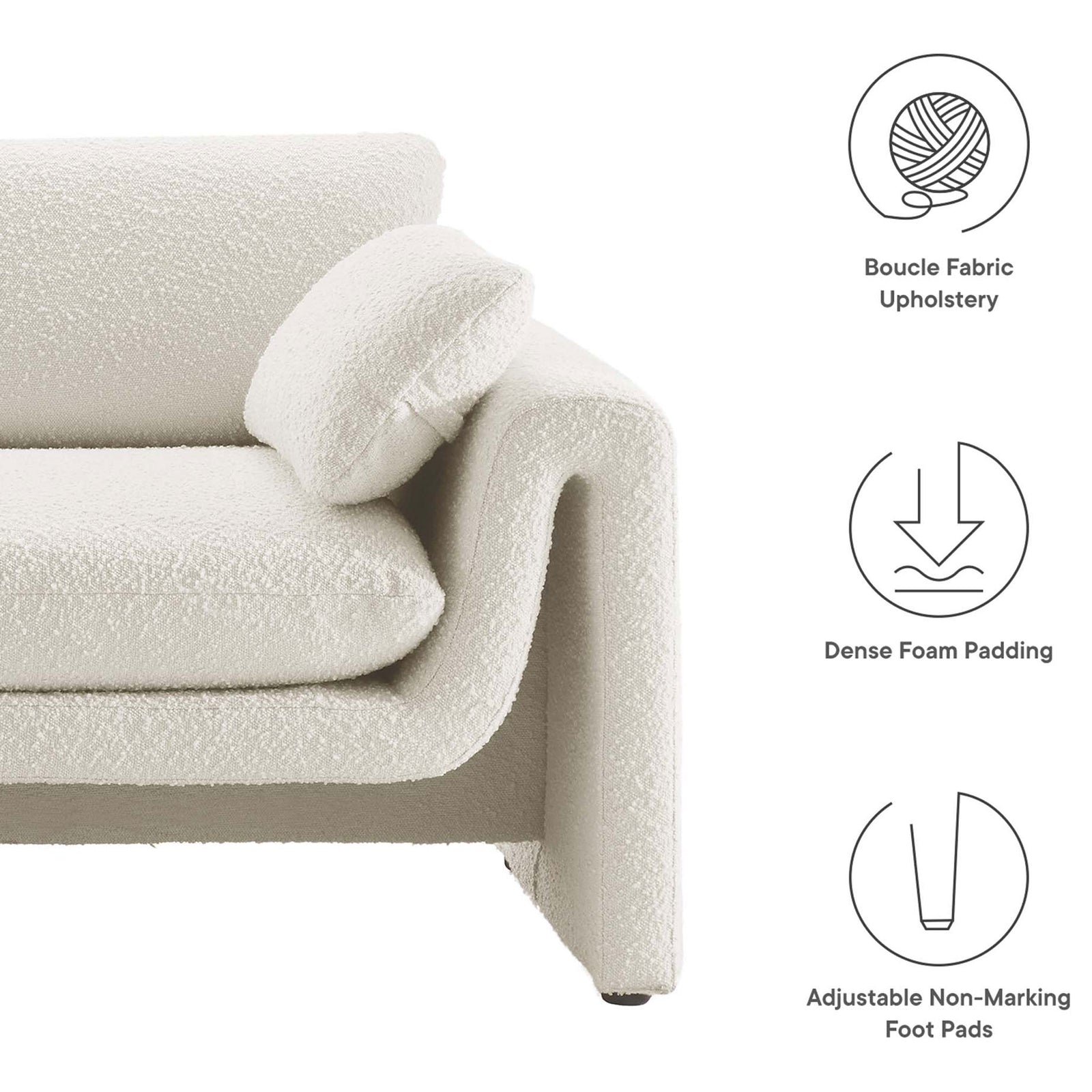 Ivory Waverly sofa highlighting boucle fabric upholstery, dense foam cushioning, and adjustable foot pads || EEI-6381-IVO || callout_studio