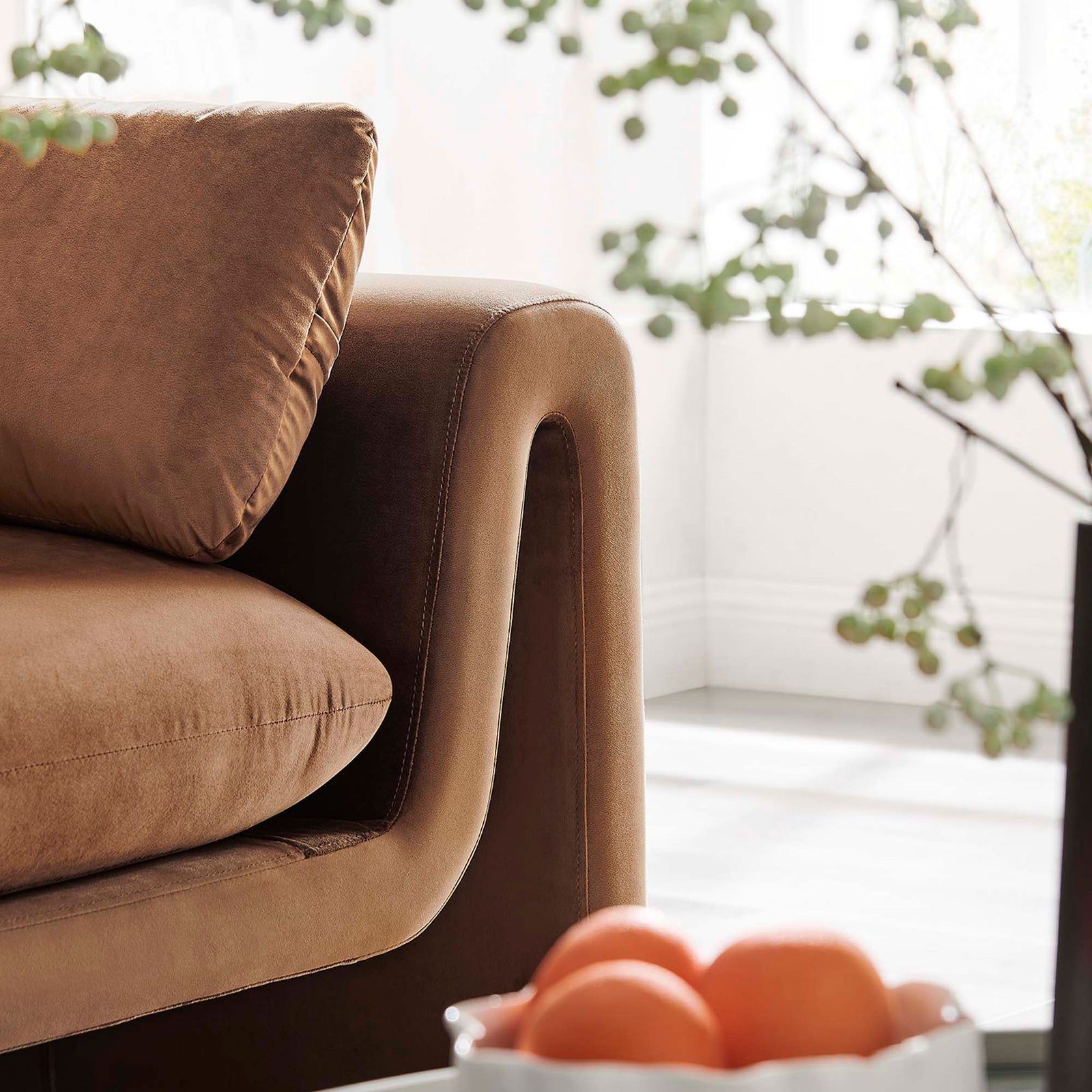 Brown velvet armrest and cushion detail of the sofa styled with natural light and greenery || EEI-6382-BRN || detail_room