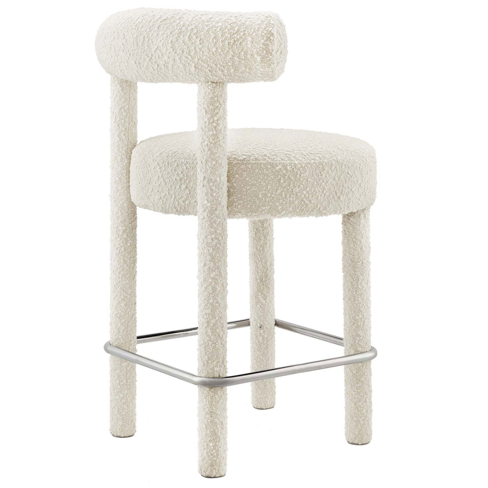 Curved bolster backrest and rounded seat wrapped in ivory boucle with a satin silver stretcher || EEI-6383-IVO-SLV || back_angle_studio