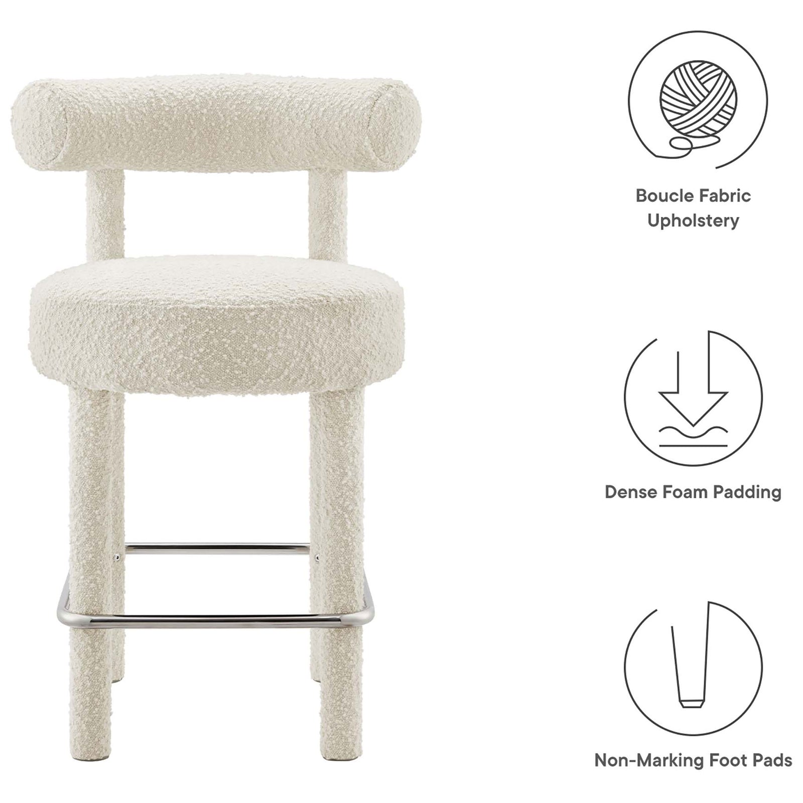 Key features highlighted: boucle upholstery, dense foam padding, and non-marking foot pads || EEI-6383-IVO-SLV || callout_studio
