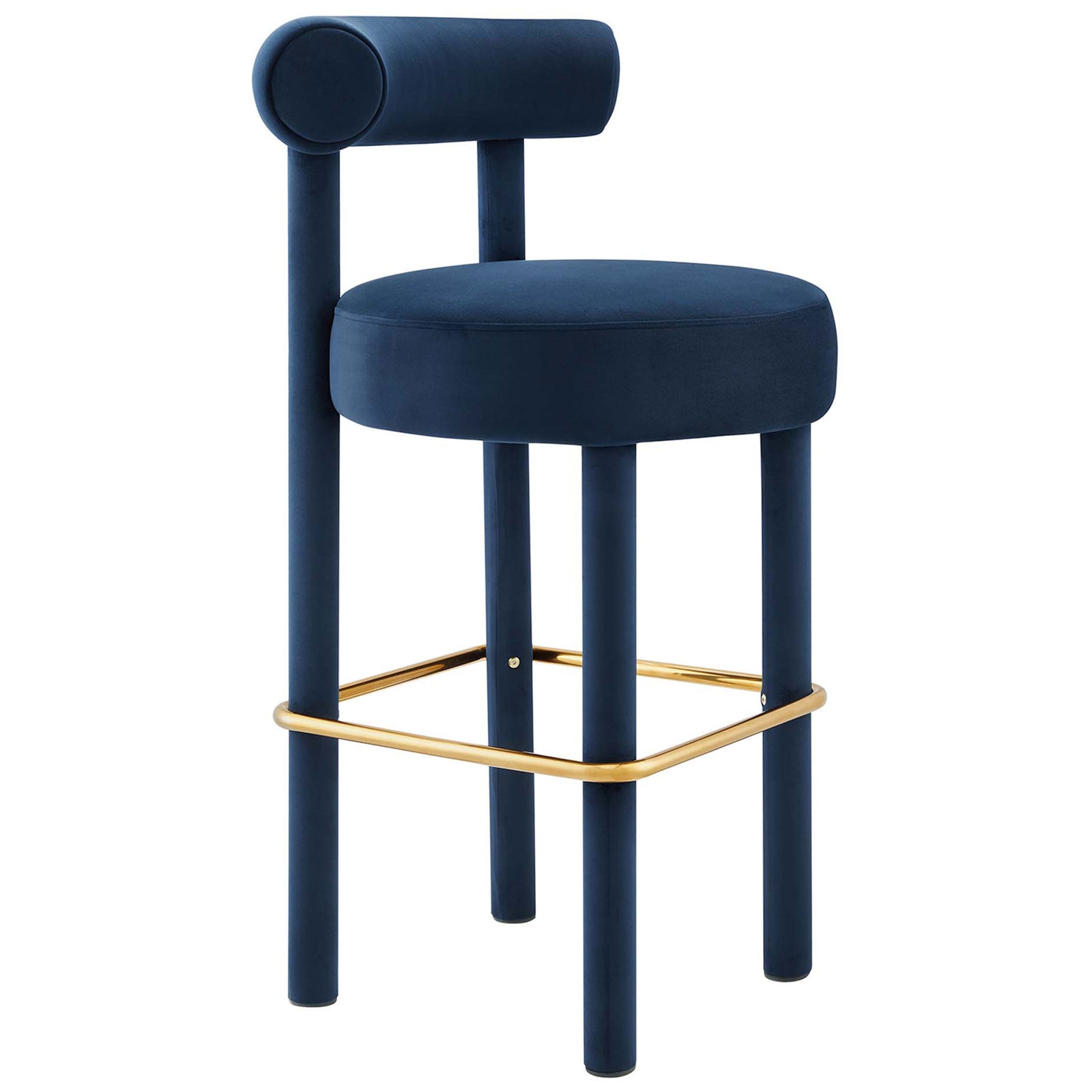 Chic round seat, tubular legs, and glam metal stretcher define this velvet bar stool || EEI-6386-MID-GLD || front_angle_studio