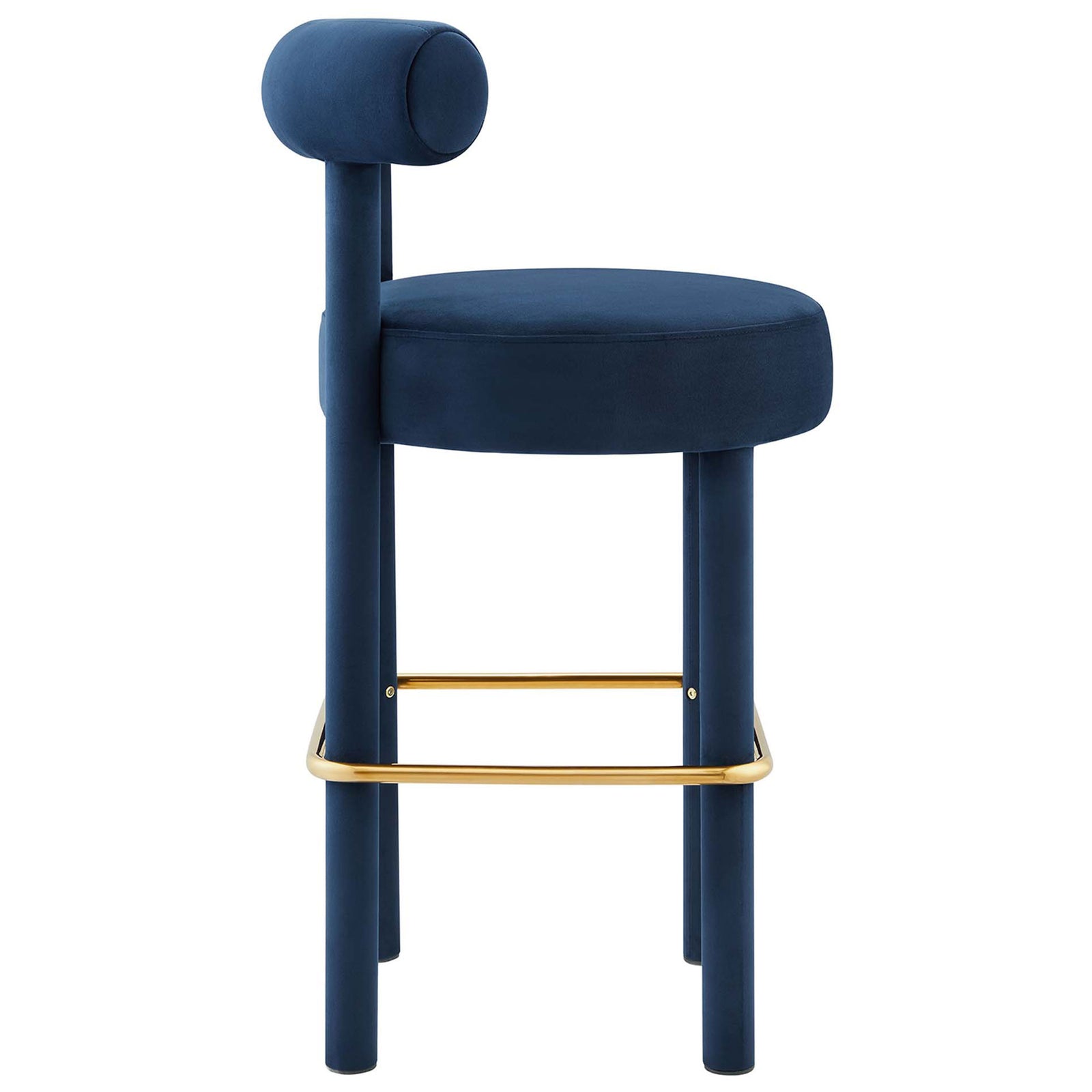 Slim silhouette showcases the rolled backrest and plush bar-height seat || EEI-6386-MID-GLD || side_studio