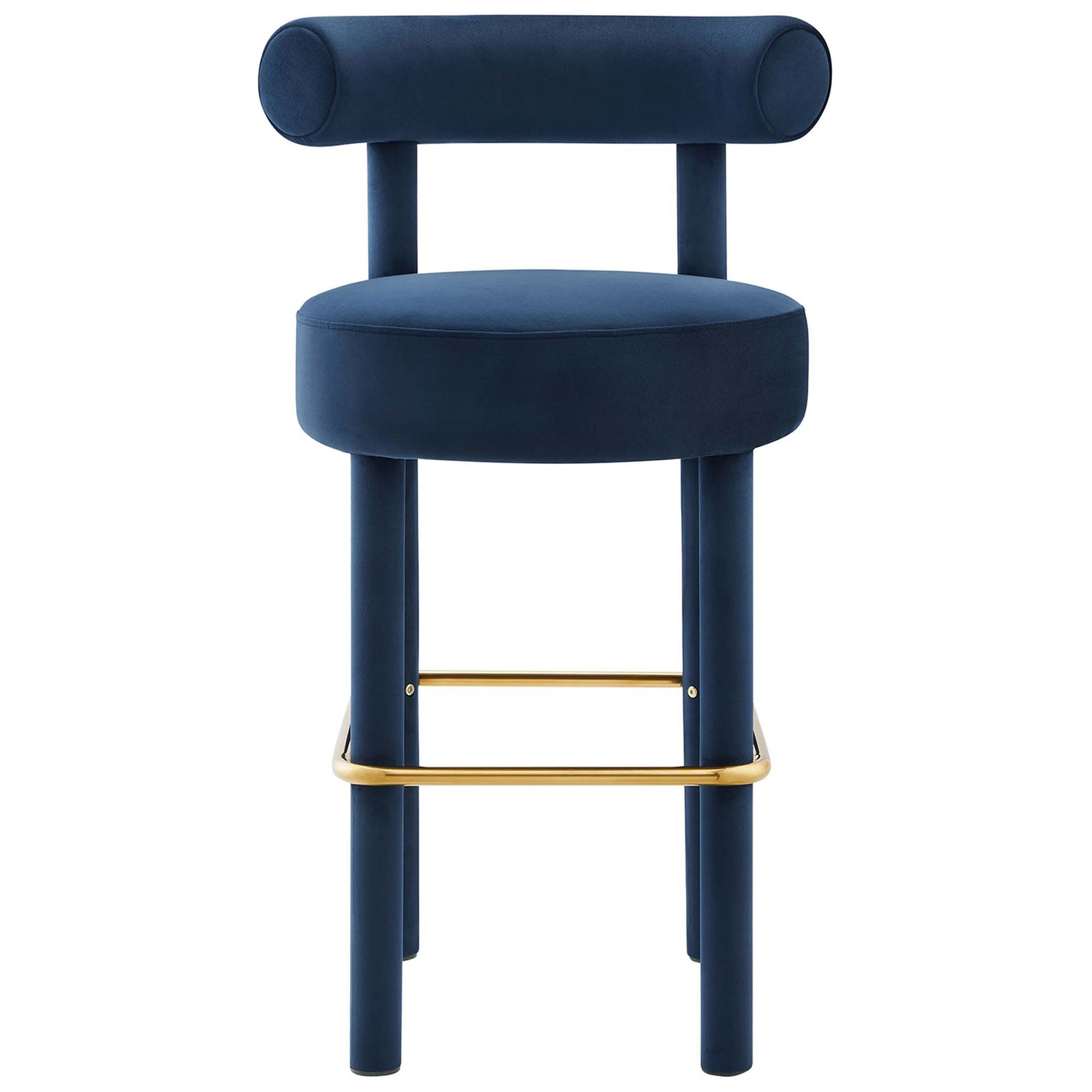 Midnight blue velvet bar stool with rounded bolster back and gold footrest || EEI-6386-MID-GLD || front_studio