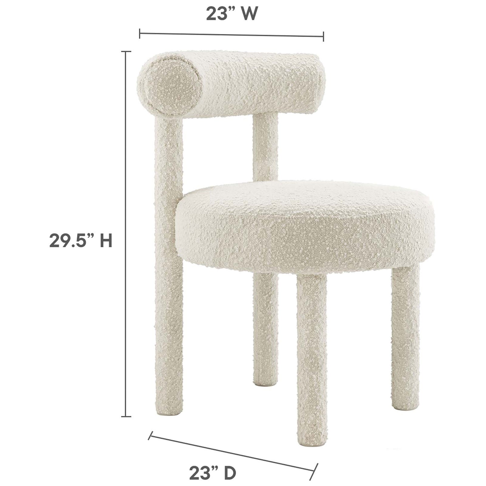 Ivory boucle dining chair with clearly marked height, width, and depth measurements for easy room planning || EEI-6387-IVO || dimension_studio