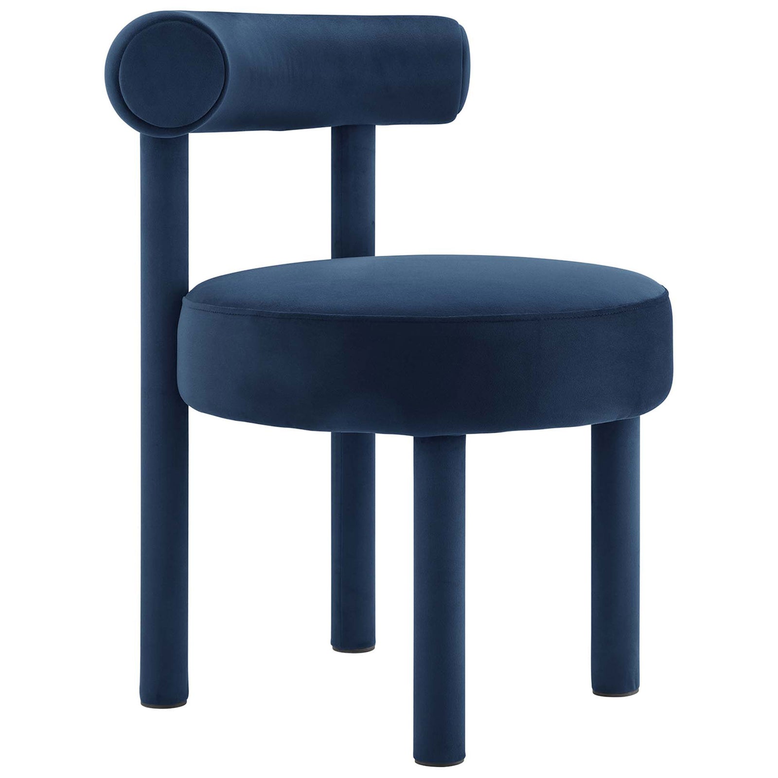 Curved bolster back and circular padded seat give this midnight blue velvet dining chair a bold designer profile || EEI-6388-MID || front_angle_studio
