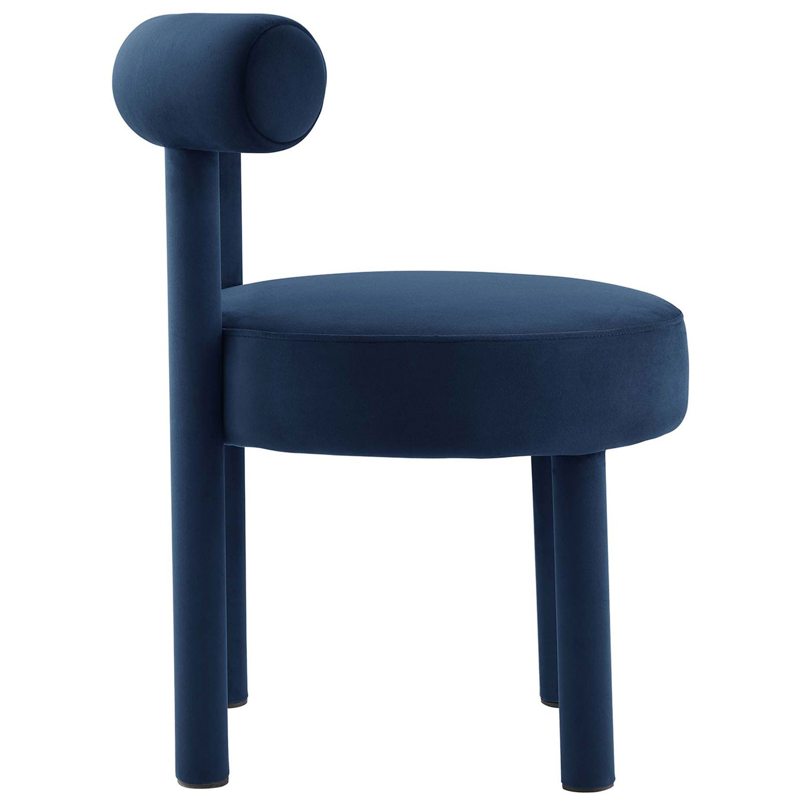 Plush round seat and slim cylindrical legs accent this midnight blue performance velvet chair's modern silhouette || EEI-6388-MID || side_studio
