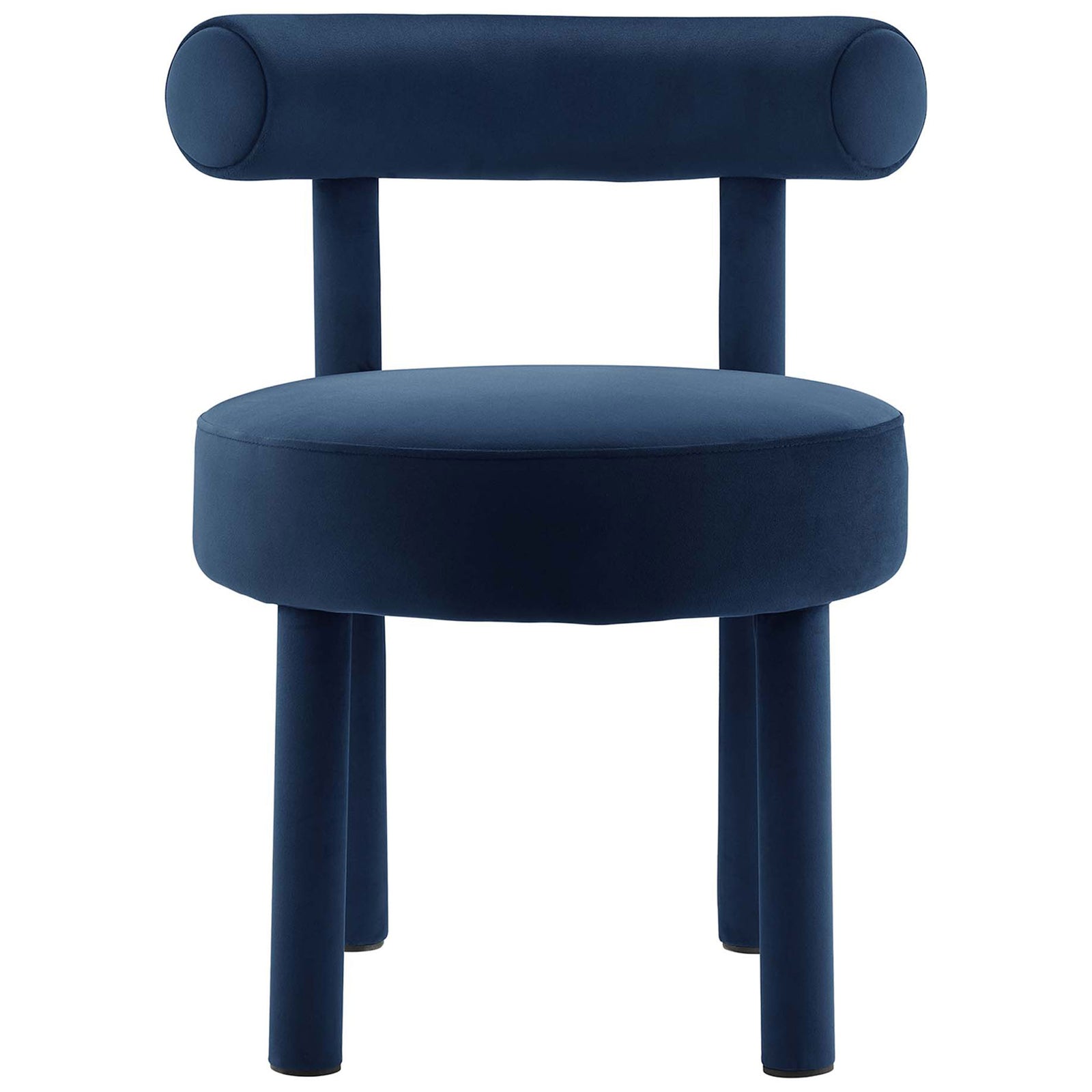 Midnight blue performance velvet dining chair with round seat and sculpted bolster back for modern glam comfort || EEI-6388-MID || front_studio