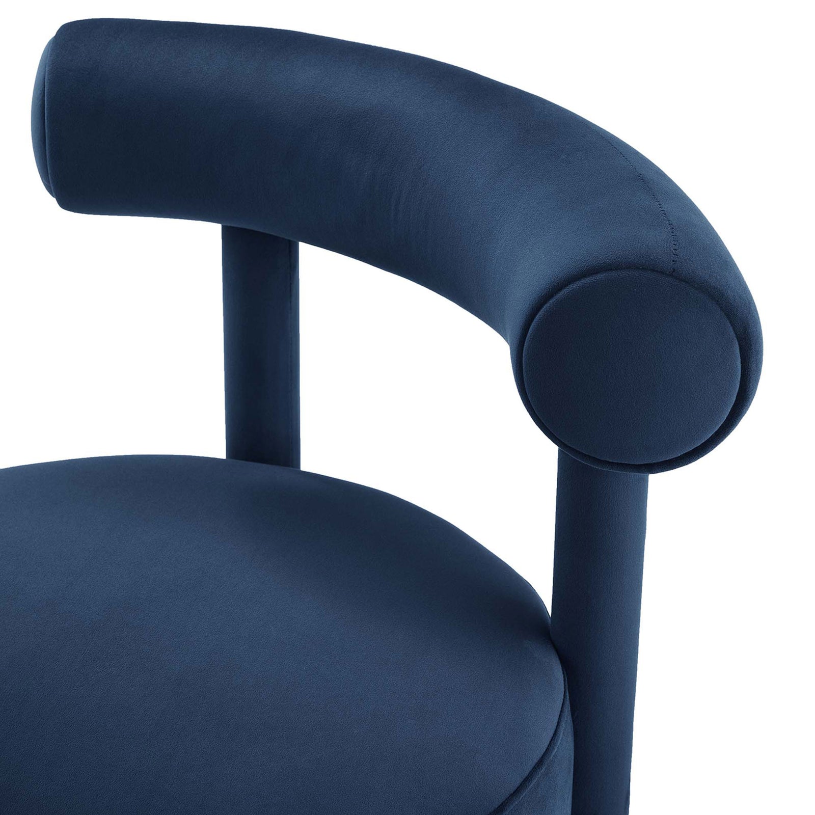Curved bolster back and smooth performance velvet upholstery emphasize the rich midnight blue tone || EEI-6388-MID || detail_studio