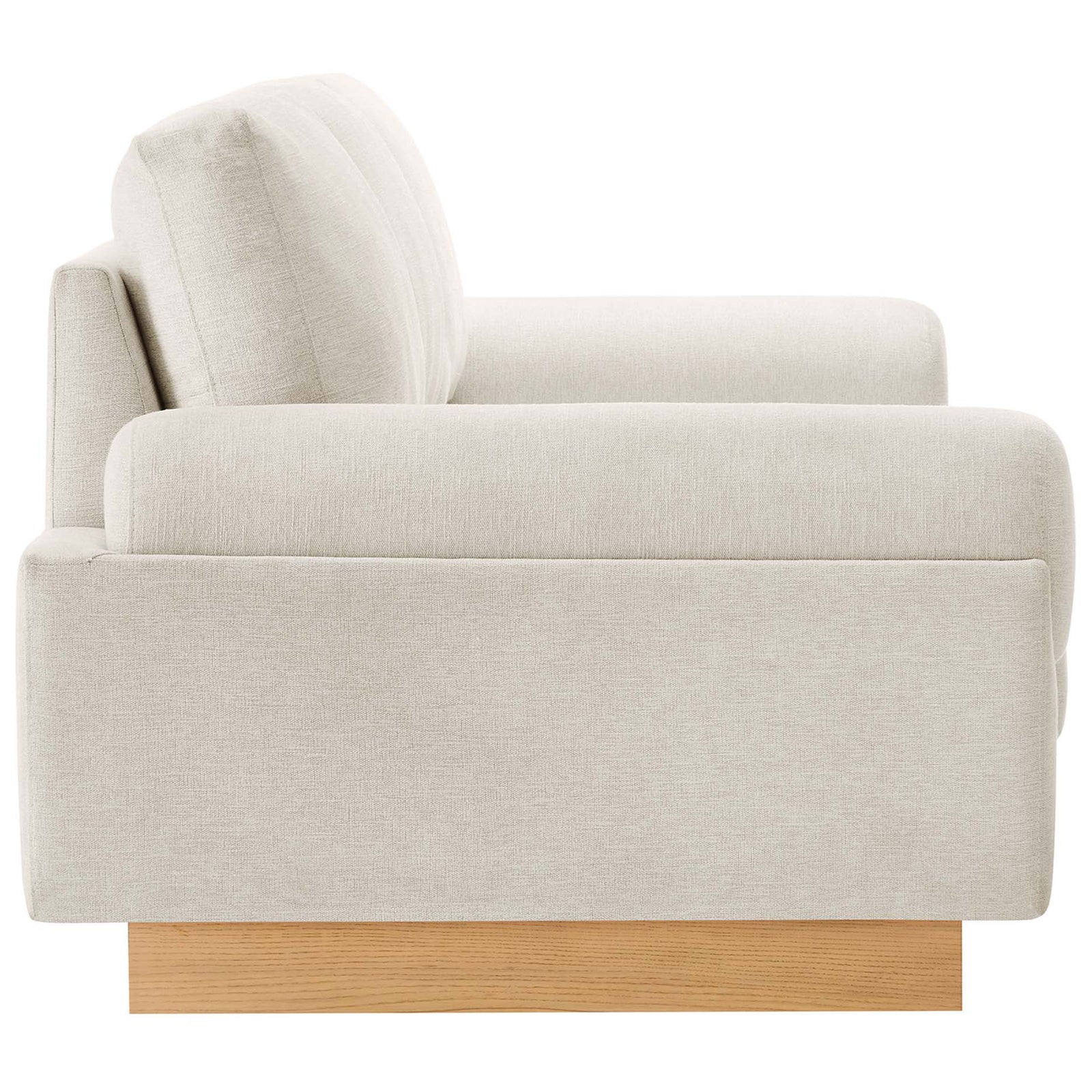 Streamlined silhouette of the Oasis ivory sofa on a low wood base || EEI-6401-IVO || side_studio