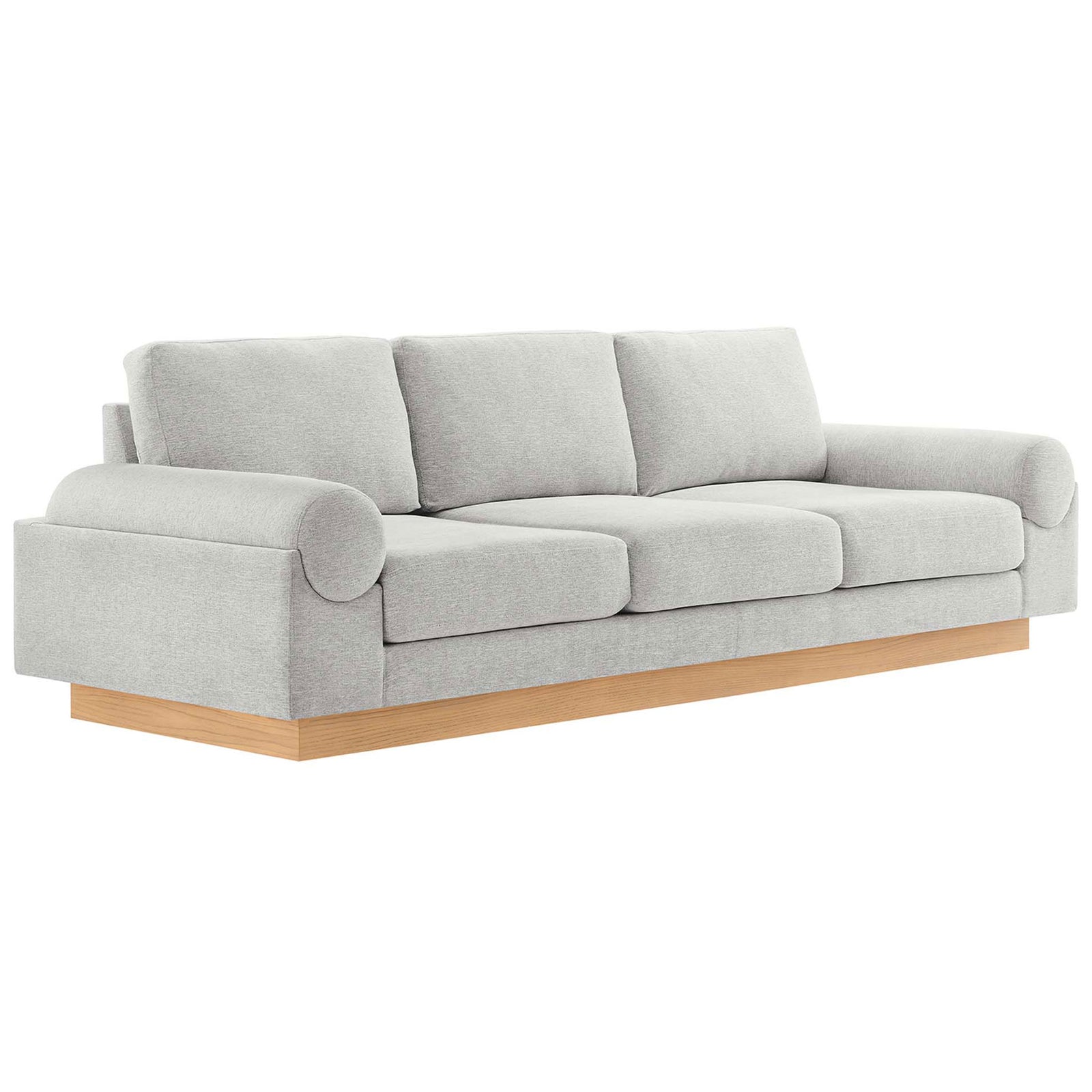 Light gray upholstered sofa with bolster arms and deep seating on a warm wood base || EEI-6401-LGR || front_angle_studio
