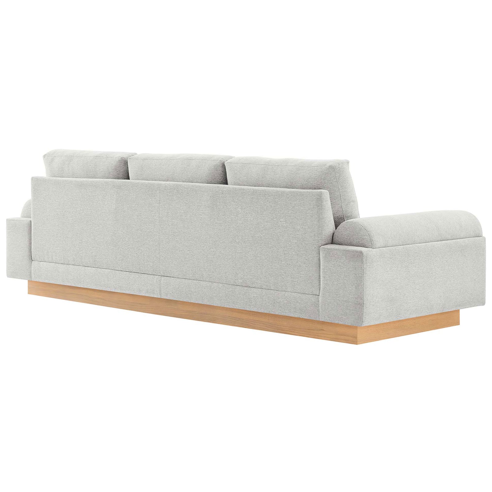 Light gray sofa with tailored back cushions and clean lines over a continuous wood base || EEI-6401-LGR || back_angle_studio
