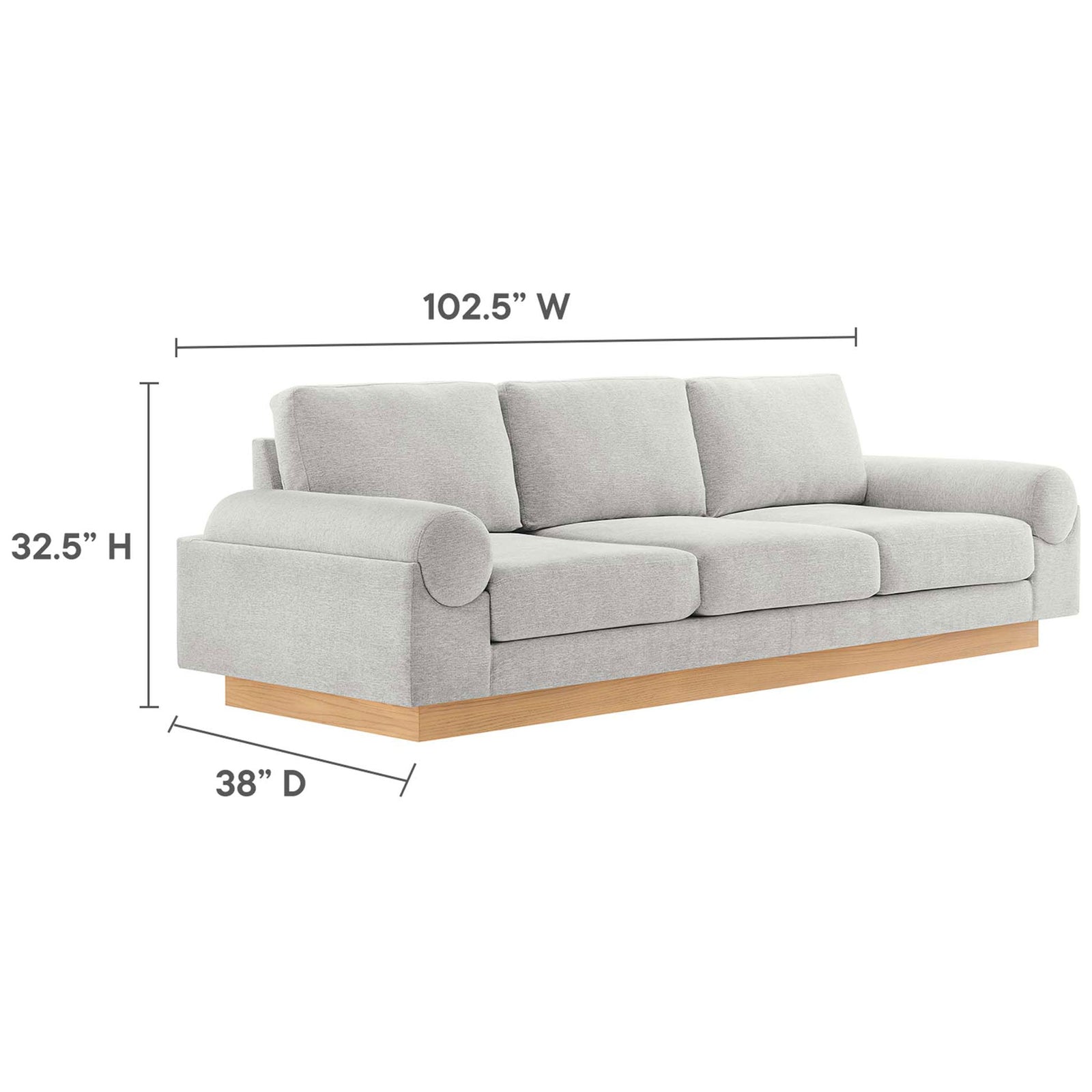 Overall dimensions of the light gray Oasis sofa with generous seating and wood plinth base || EEI-6401-LGR || dimension_studio