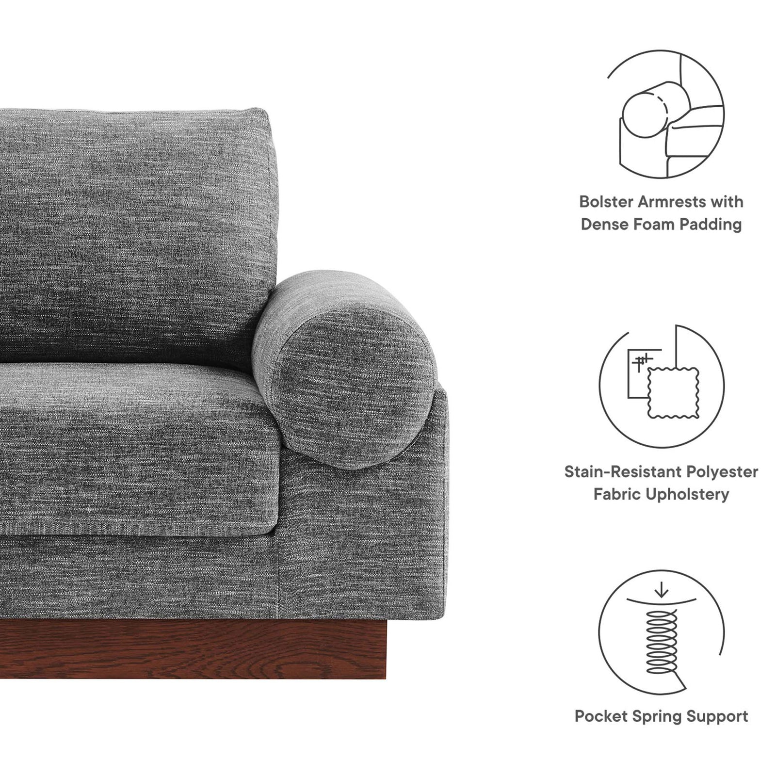 Bolster armrests, stain-resistant fabric, and pocket spring support for lasting comfort || EEI-6402-GRY || callout_studio