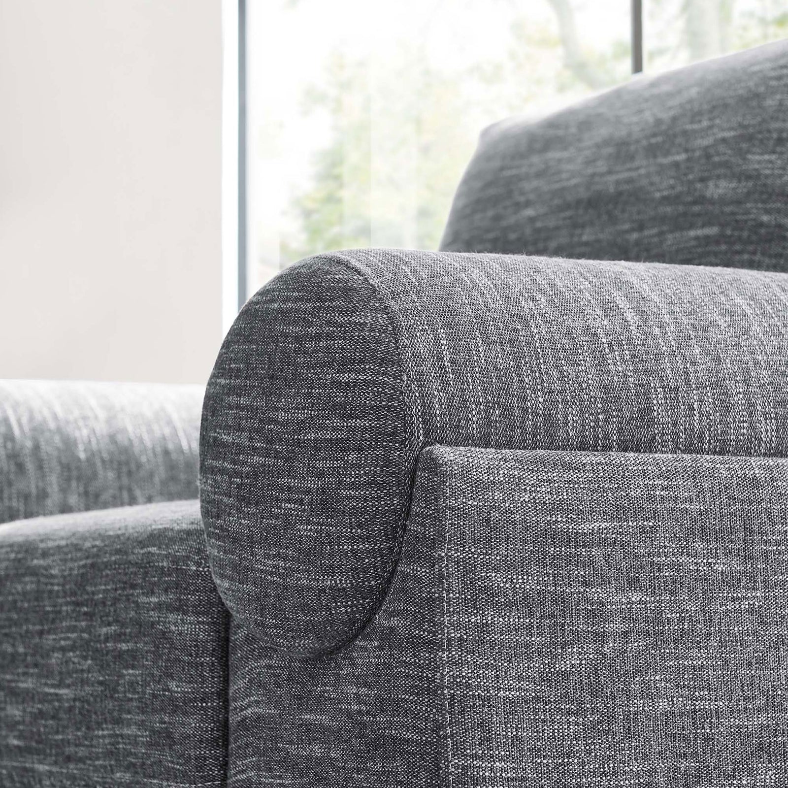 Textured gray fabric wraps the rounded bolster arm for a soft, inviting feel || EEI-6402-GRY || detail_room