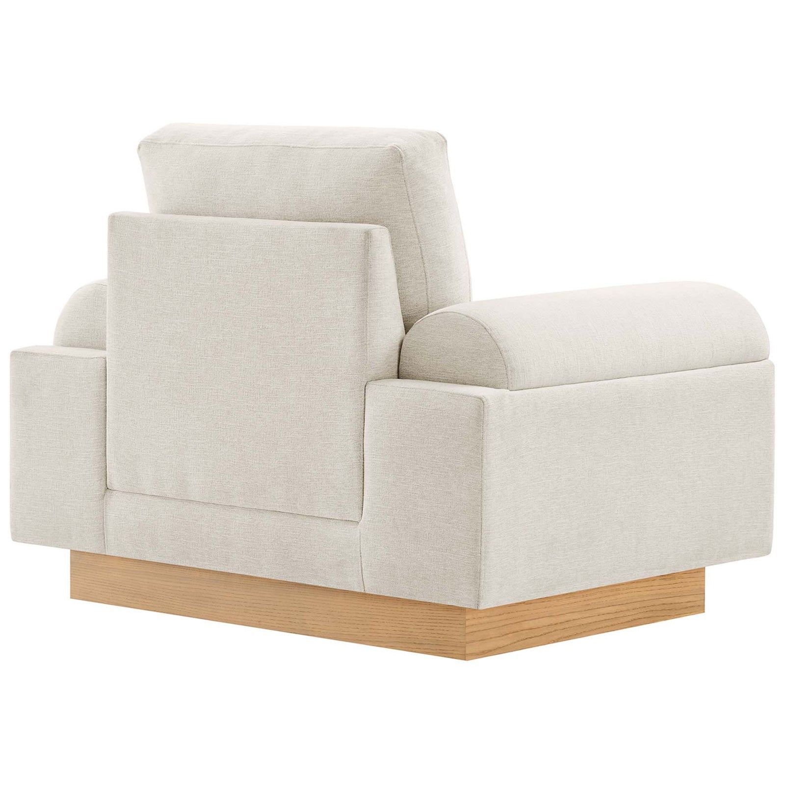 Clean-lined back with supportive cushion and tailored upholstery on a sturdy wood plinth base || EEI-6402-IVO || back_angle_studio