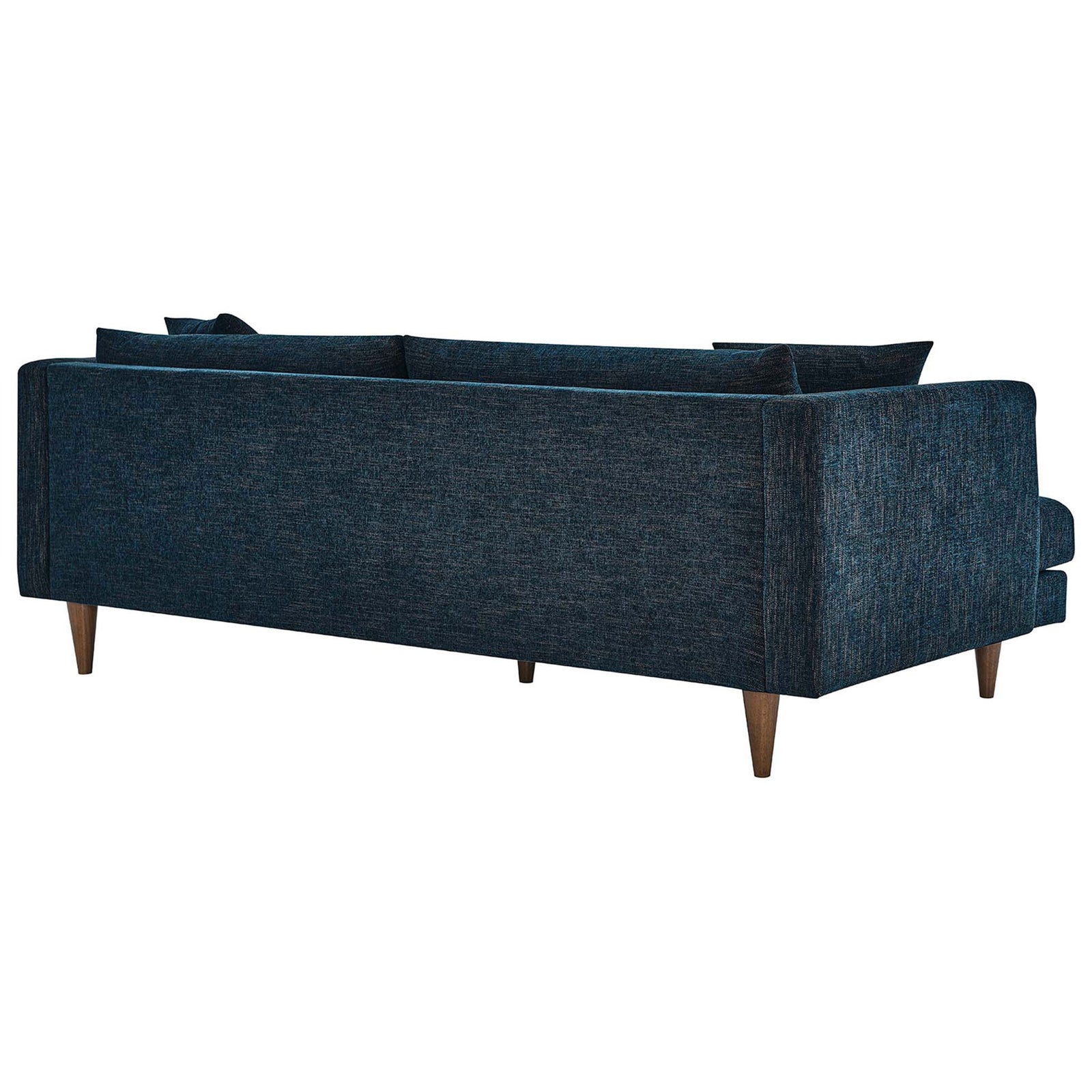 Clean-lined back of the Zoya sofa in rich navy fabric with tailored seams and warm tapered wood legs || EEI-6405-HEA || back_angle_studio