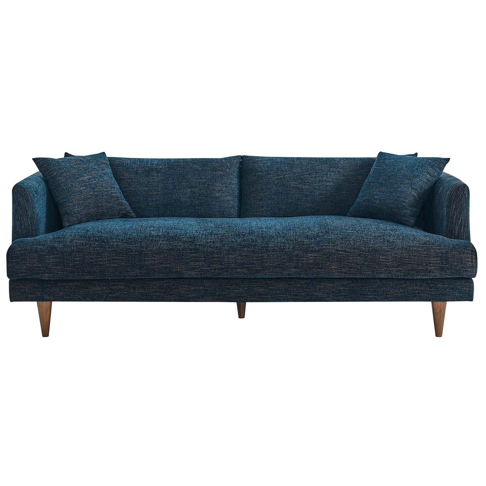 Zoya navy upholstered sofa with extra-deep bench seat, two plush back cushions, and matching throw pillows || EEI-6405-HEA || front_studio