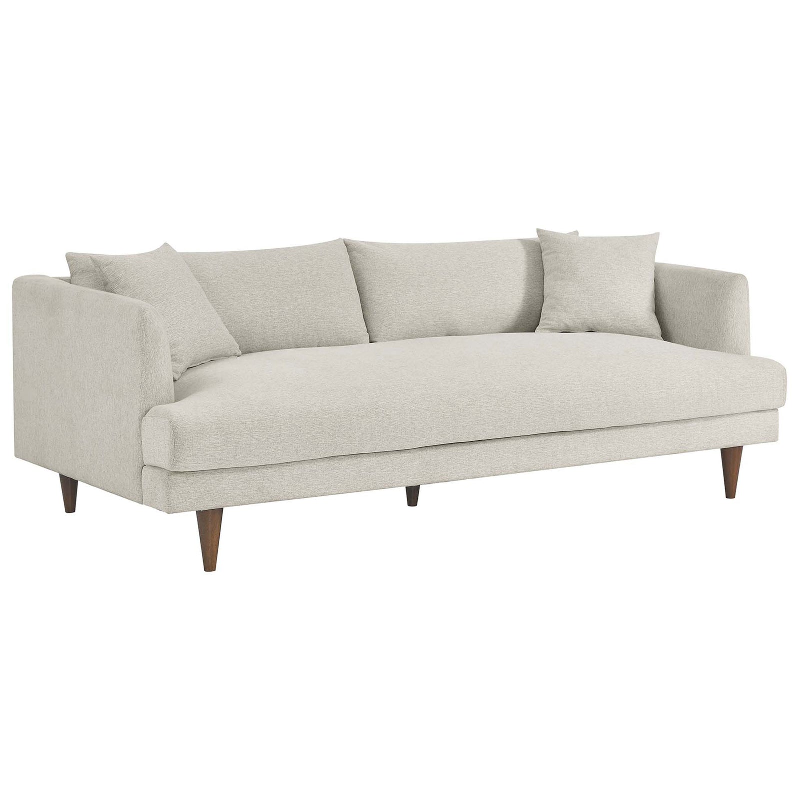 Ivory down-filled sofa with deep seat, slim shelter arms, and tapered wood legs. || EEI-6405-HEI || front_angle_studio