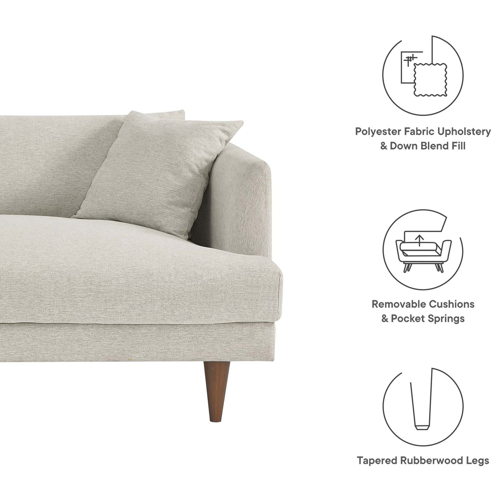 Ivory sofa with down blend cushions, pocket springs, and tapered rubberwood legs illustrated with icons. || EEI-6405-HEI || callout_studio