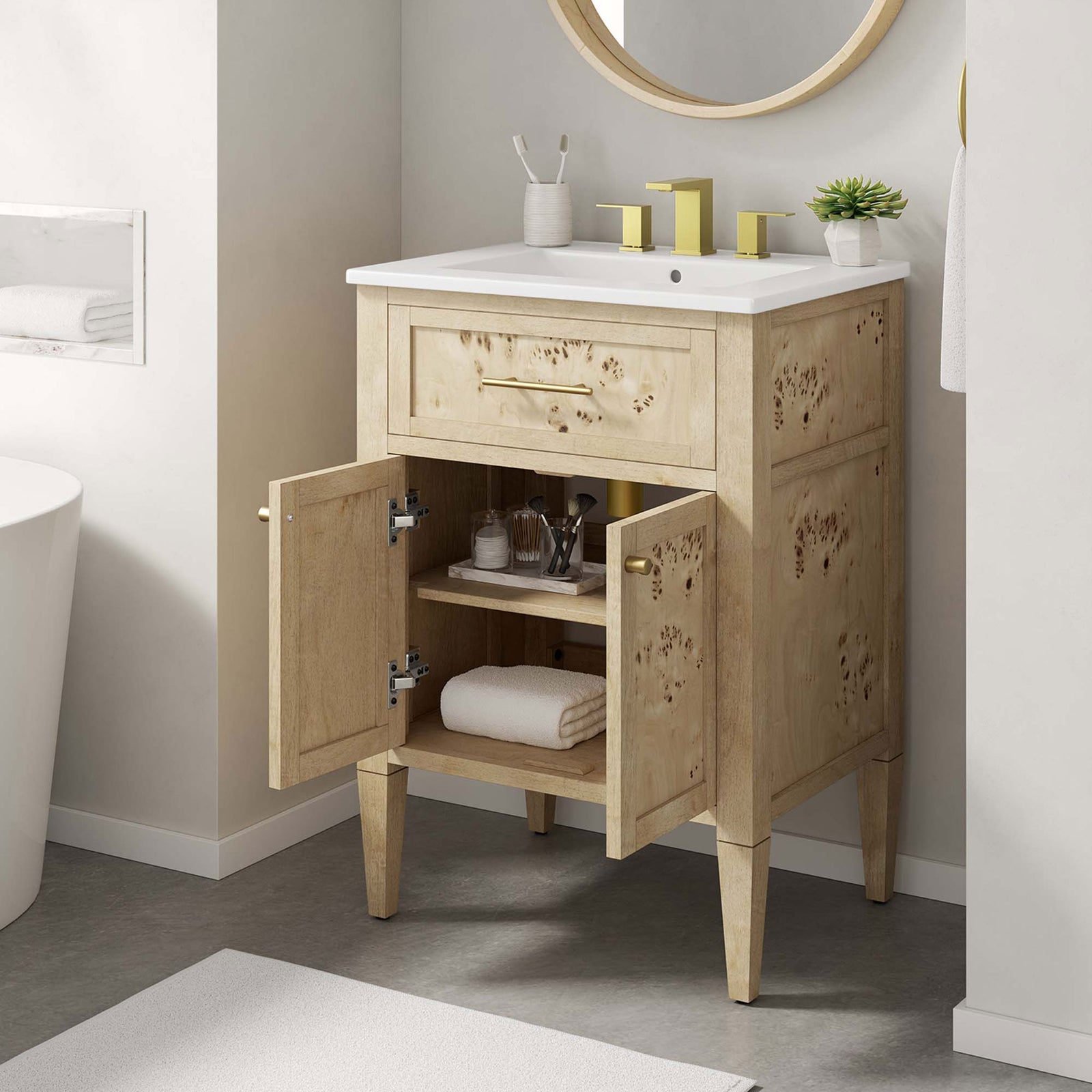 Everyday items stay within reach inside the roomy cabinet with concealed hinges and a center cutout. || EEI-6439-WHI-BUR || front_angle_open_room