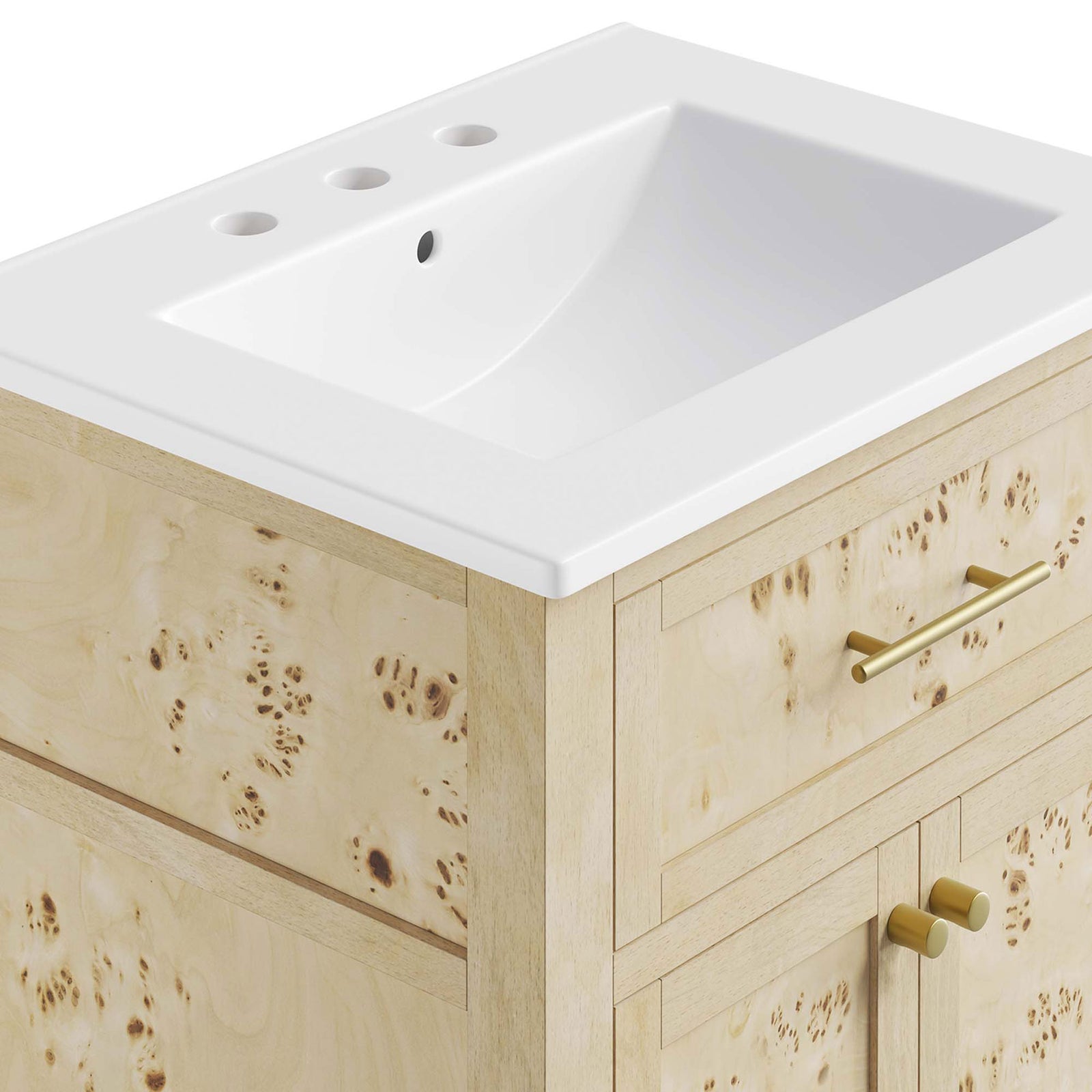 Sleek ceramic edge meets burl veneer frame, accented by satin brass hardware. || EEI-6439-WHI-BUR || detail_studio