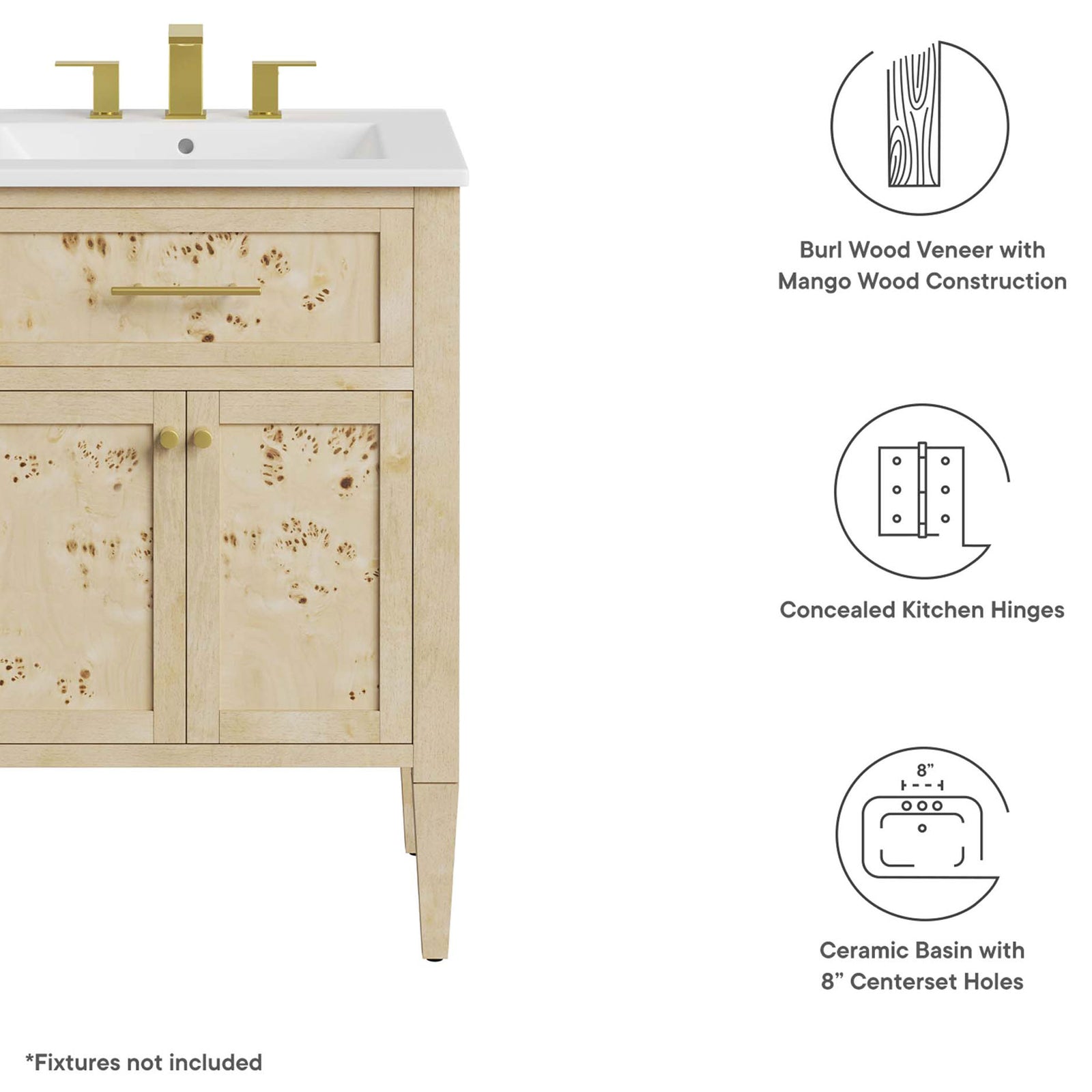 Burl veneer over mango wood, concealed hinges, and an 8 inch centerset ceramic basin. || EEI-6439-WHI-BUR || callout_studio