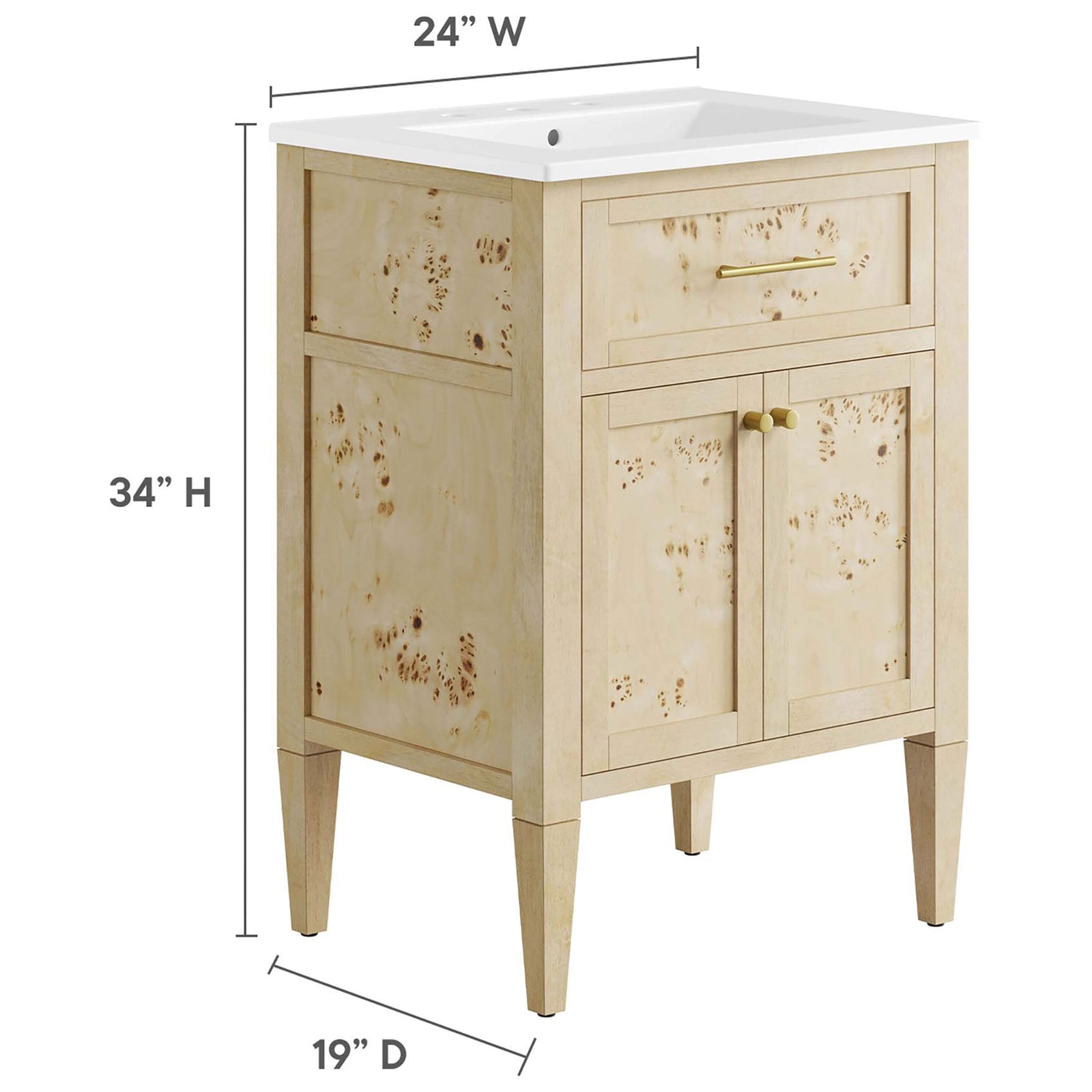 Compact 24 W x 19 D x 34 H design fits small baths without sacrificing storage or style. || EEI-6439-WHI-BUR || dimension_studio