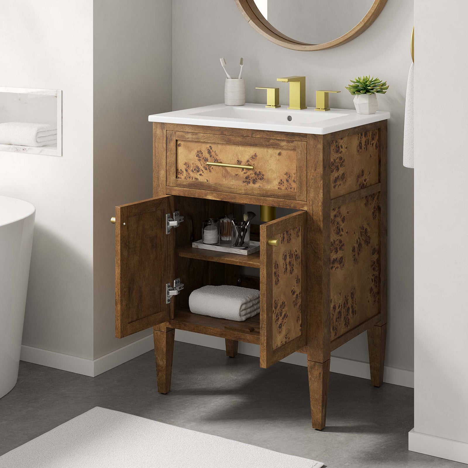 Open doors display organized storage in a warm burl wood vanity || EEI-6440-WHI-BRN || front_angle_open_room