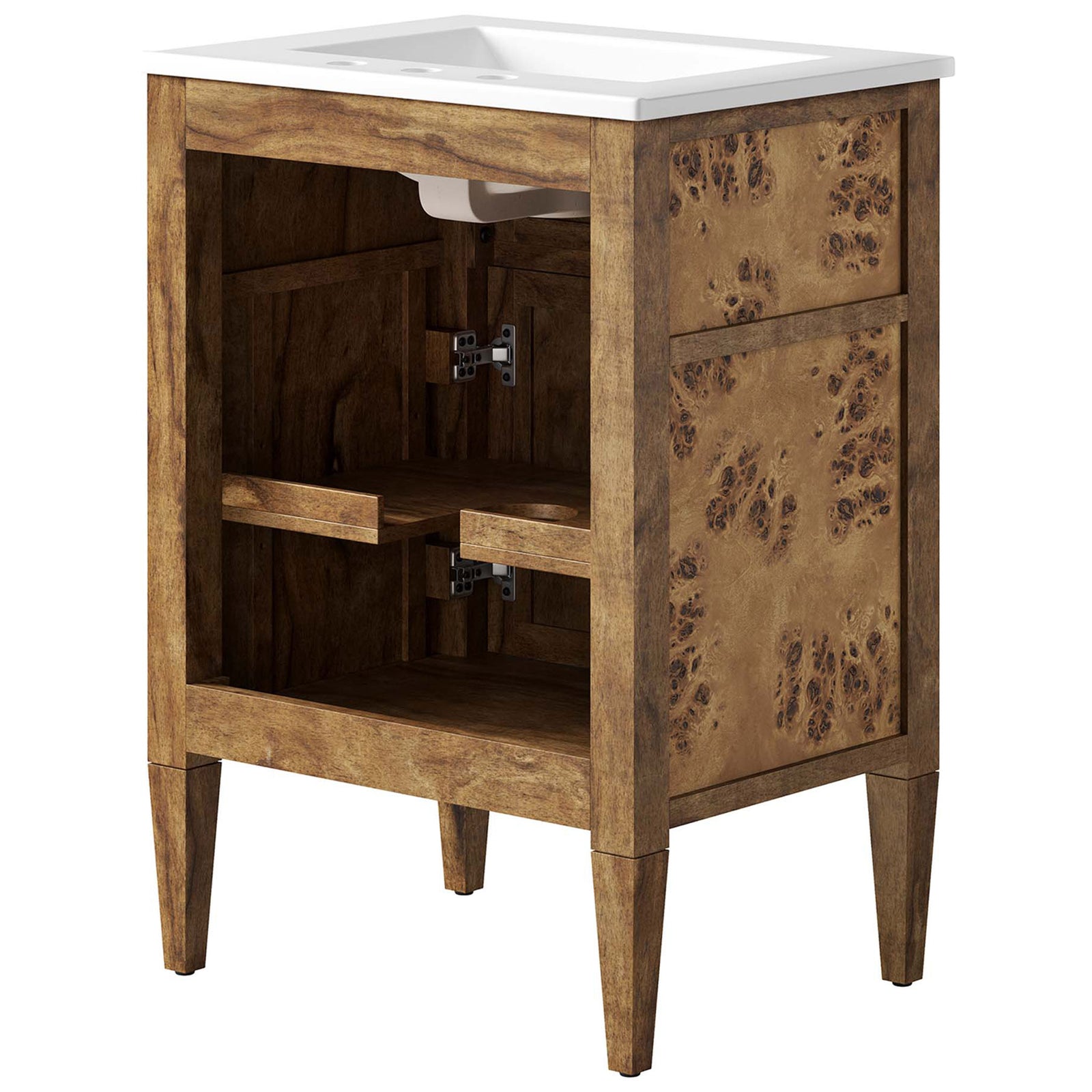 Open cabinet reveals adjustable shelving and plumbing cutout inside the vanity || EEI-6440-WHI-BRN || back_angle_studio