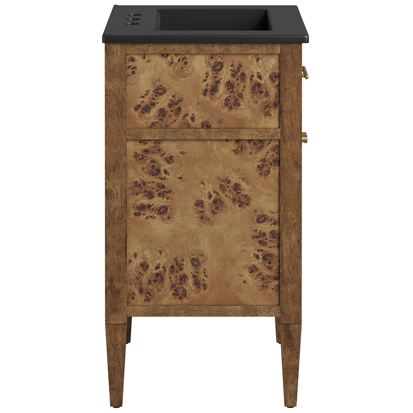 Tapered legs and rich burl veneer pair with a bold black basin for modern warmth || EEI-6442-BLK-BRN || side_studio