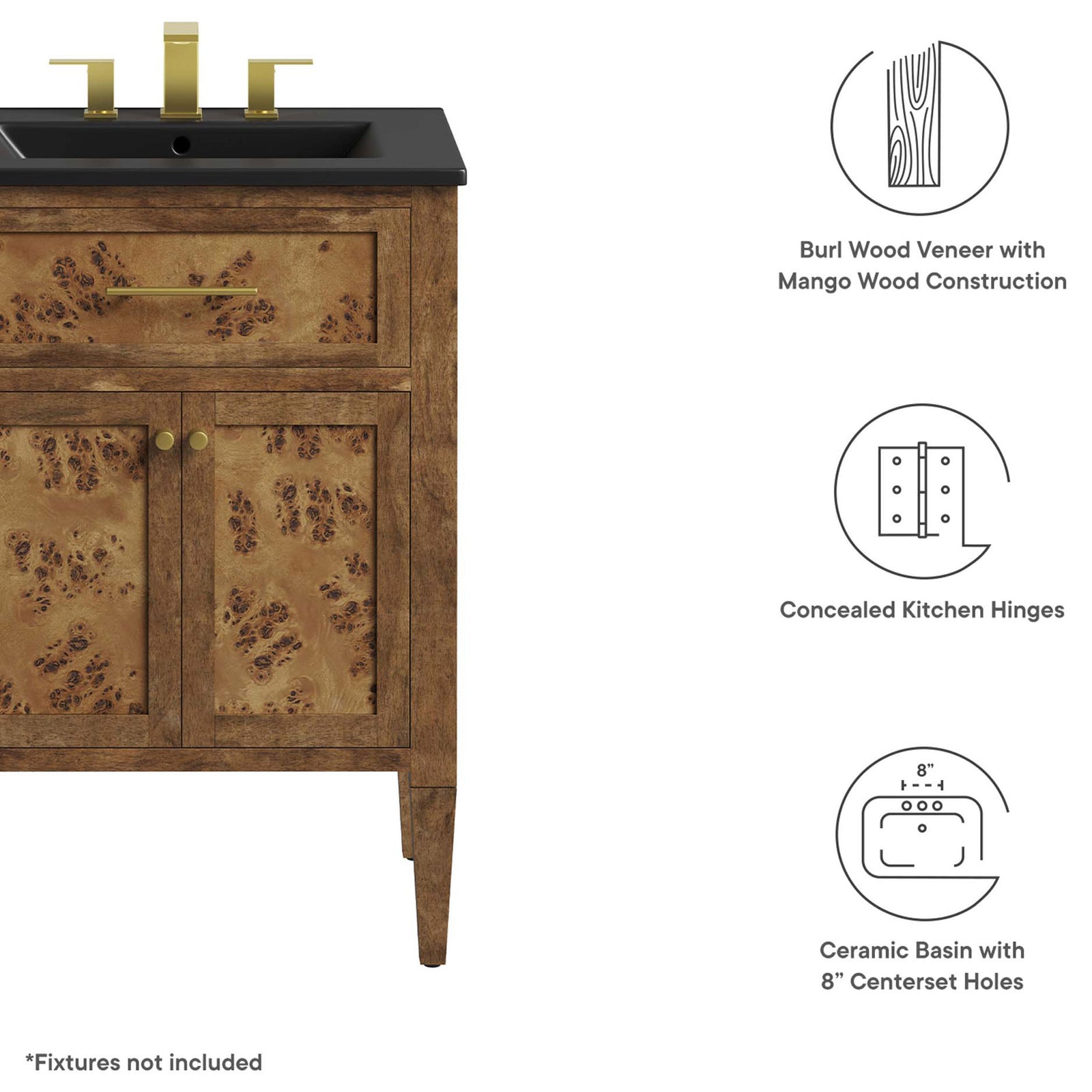 Burl wood veneer, concealed hinges, and 8-inch faucet holes add lasting function || EEI-6442-BLK-BRN || callout_studio