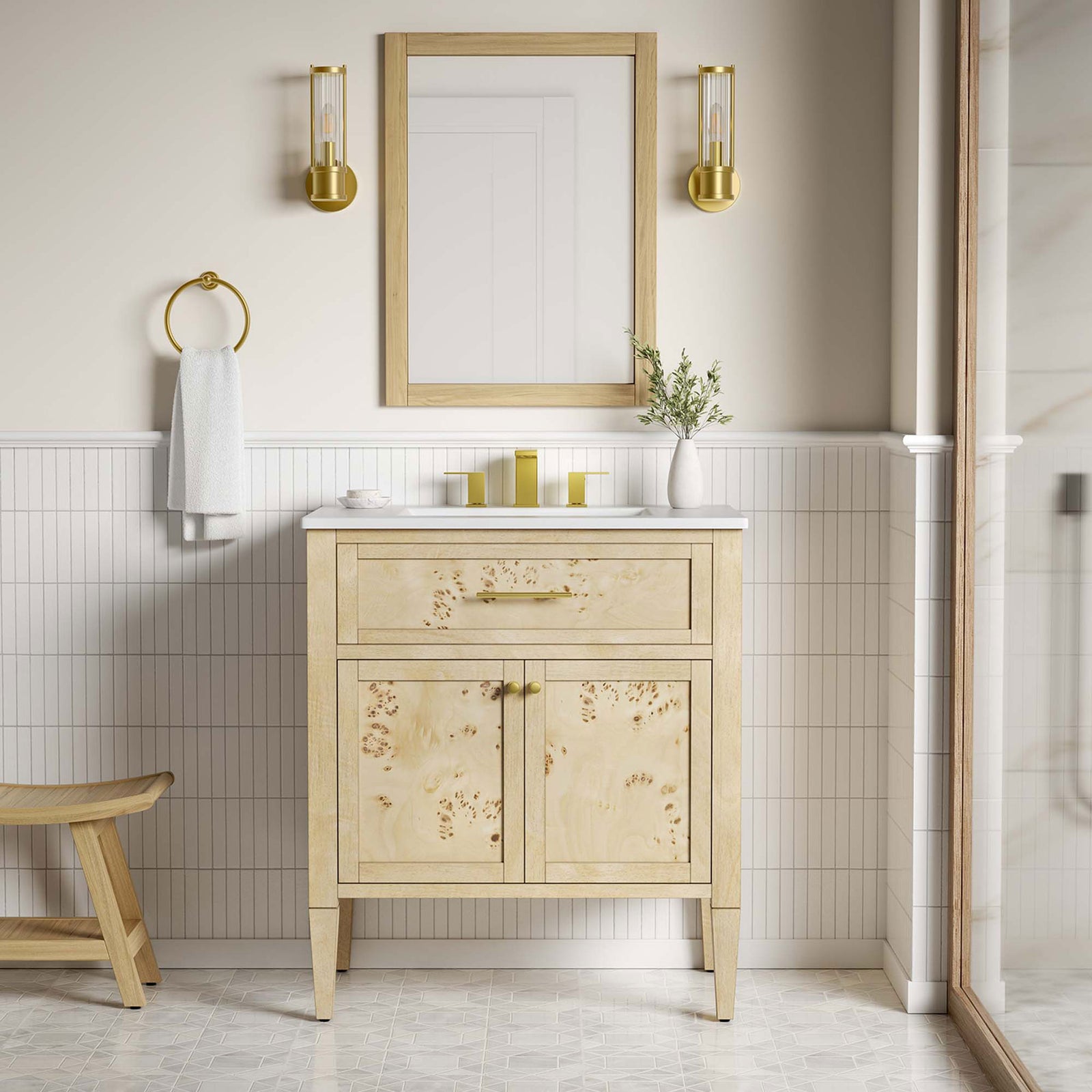 Stylish centerpiece blends natural burl warmth with sleek white sink and metallic accents. || EEI-6443-WHI-BUR || front_room