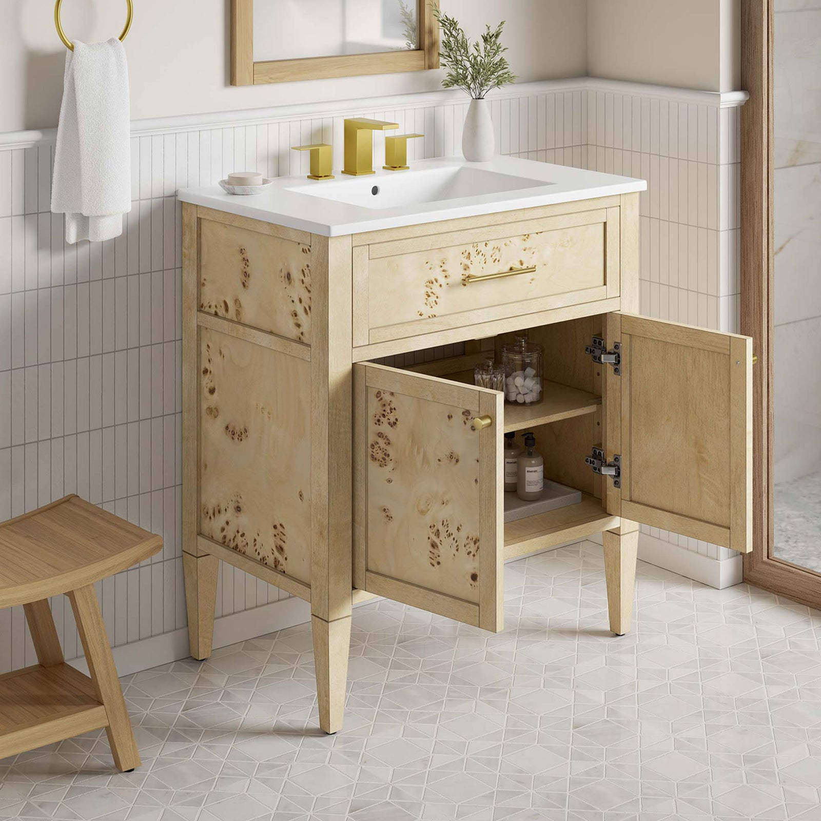 Open doors reveal organized storage for towels and toiletries with easy plumbing access. || EEI-6443-WHI-BUR || front_angle_open_room