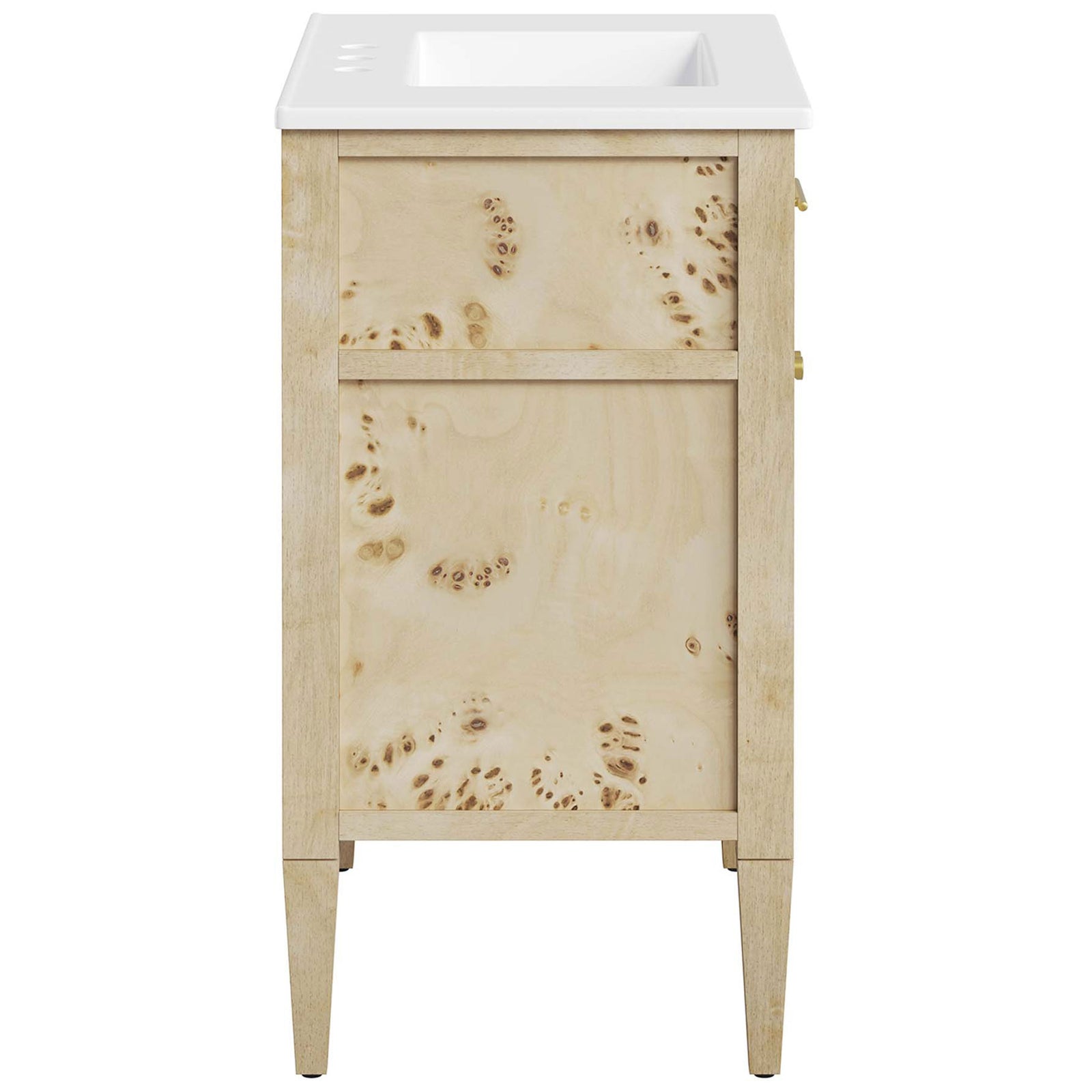 Slim silhouette showcases continuous burl grain and durable leg construction. || EEI-6443-WHI-BUR || side_studio