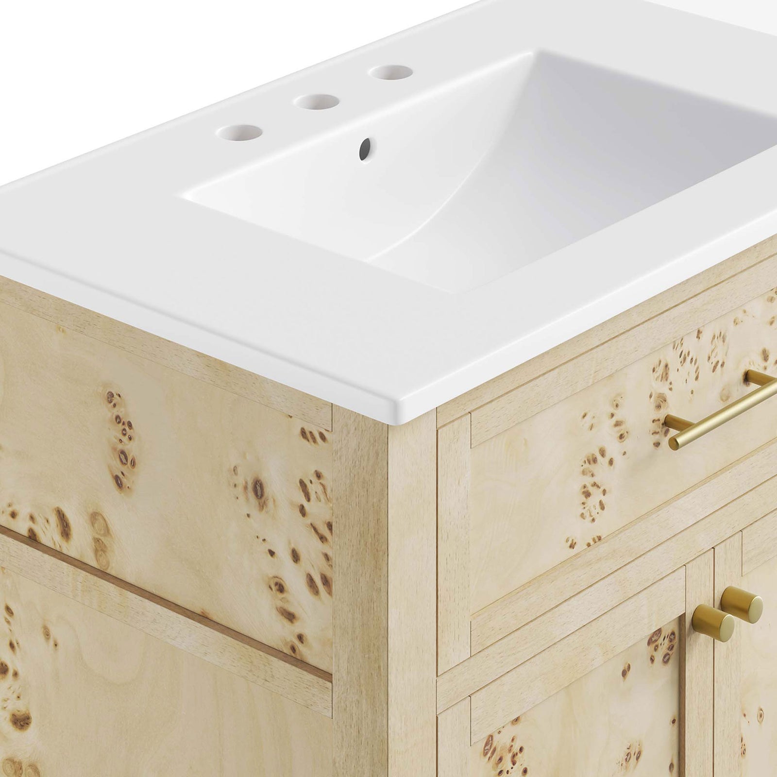 Crisp basin geometry meets artisan woodwork for a refined, organic look. || EEI-6443-WHI-BUR || detail_studio