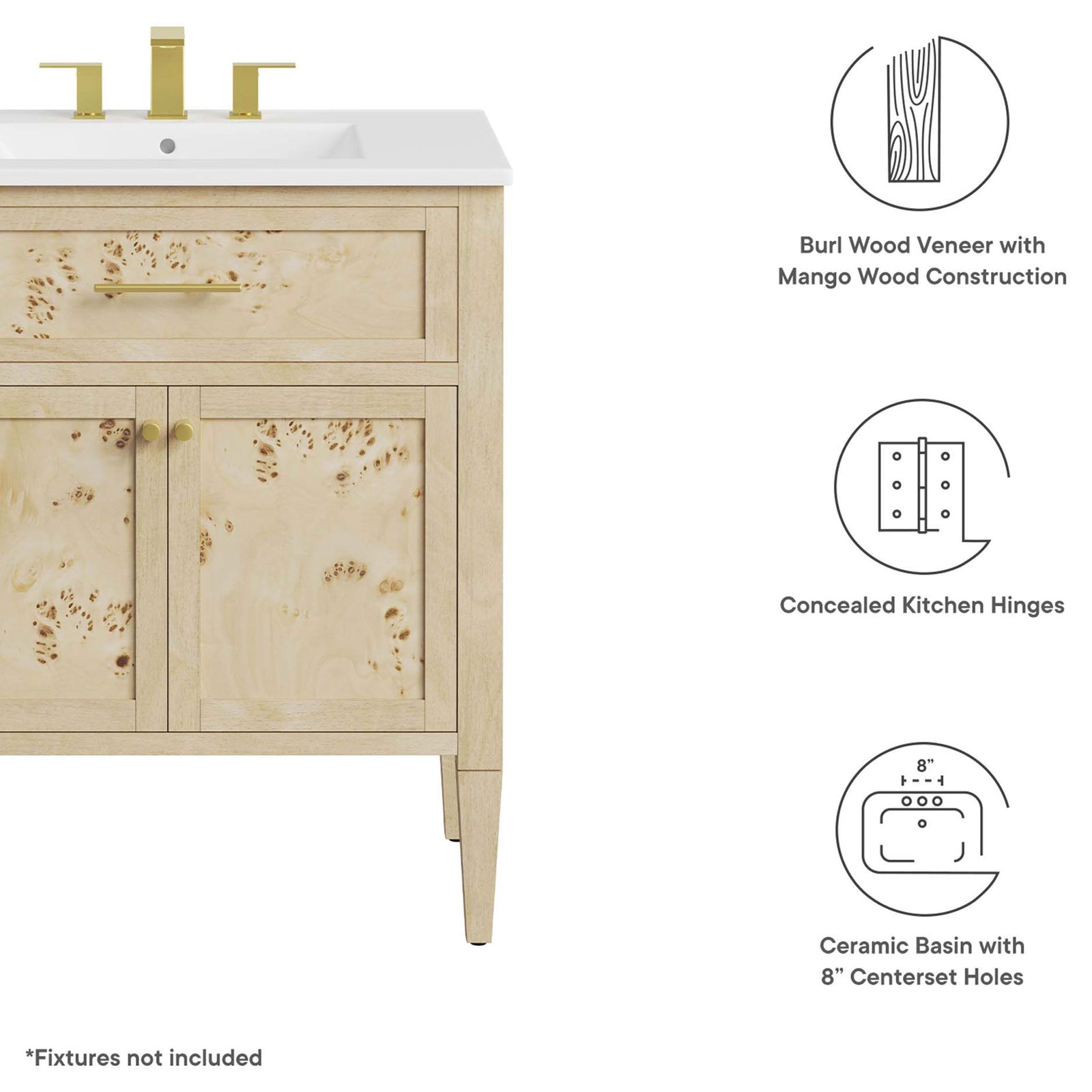 Crafted in mango wood with burl veneer, concealed hinges, and an 8 inch centerset ceramic basin. || EEI-6443-WHI-BUR || callout_studio