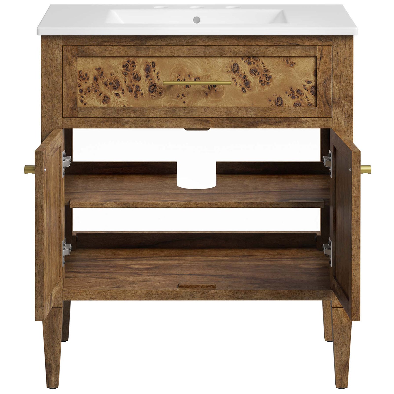 Cabinet doors open to two shelves with center cutout || EEI-6444-WHI-BRN || front_open_studio