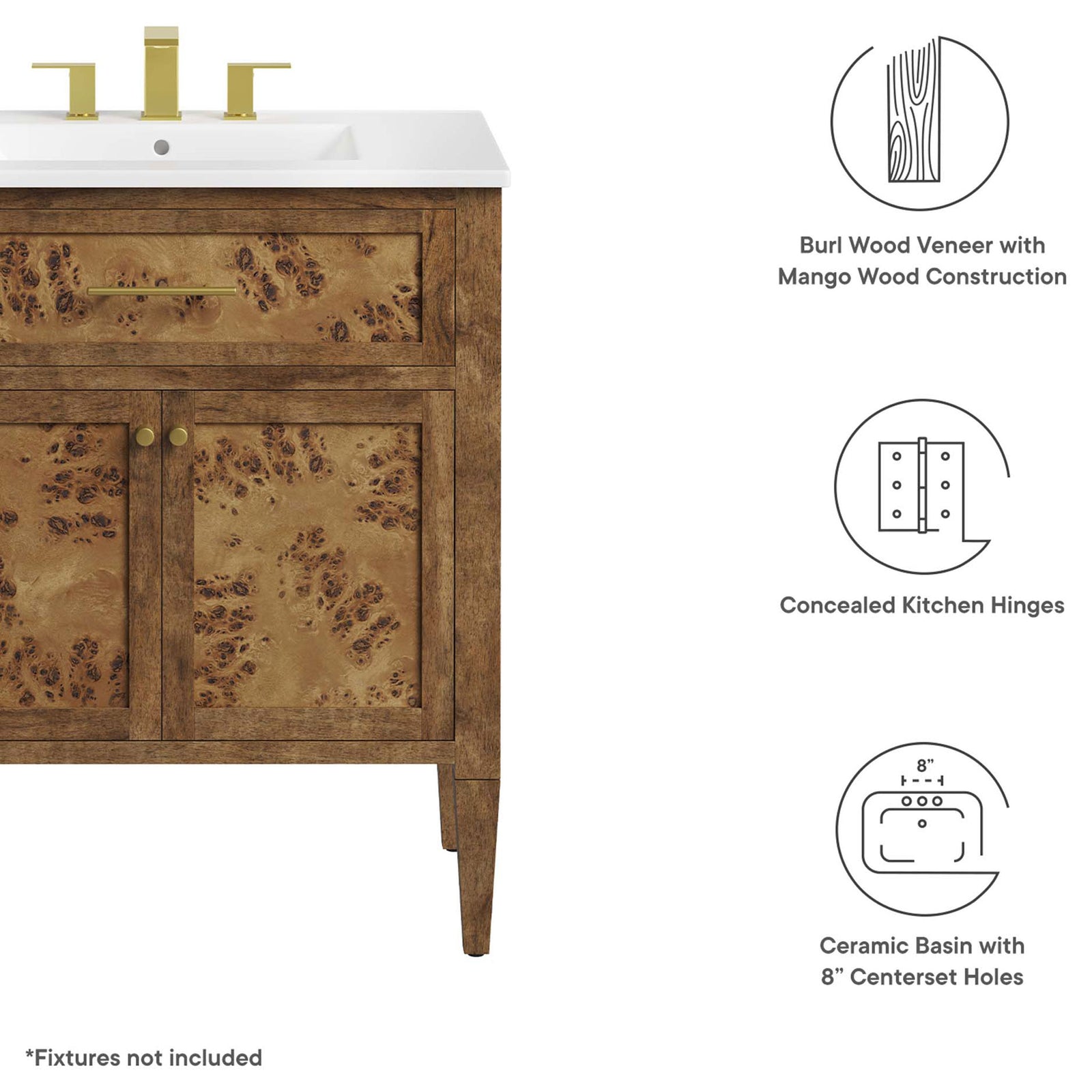 Burl veneer, concealed hinges, and ceramic basin features icon callouts || EEI-6444-WHI-BRN || callout_studio