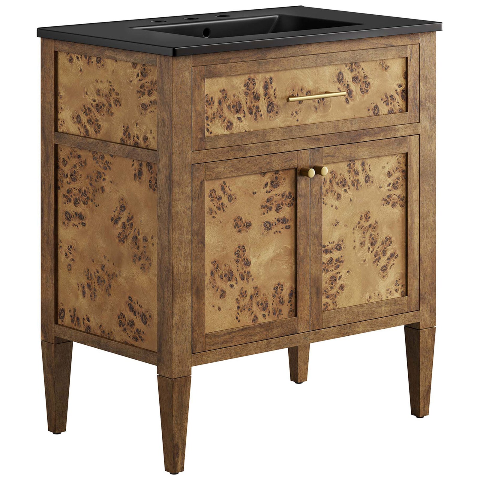 Burl wood vanity pairs a matte black basin with streamlined brass pulls for modern warmth || EEI-6446-BLK-BRN || front_angle_studio