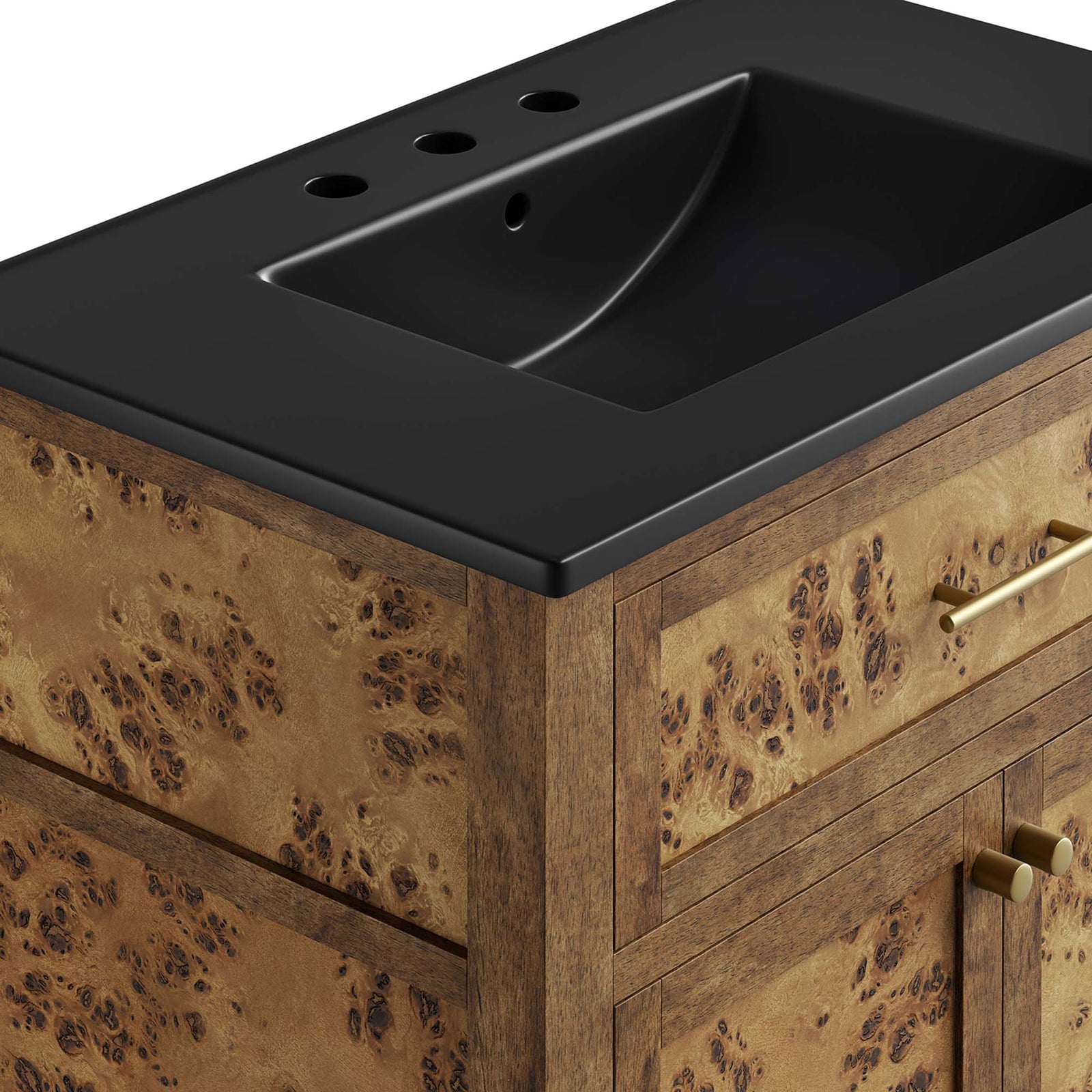 Smooth basin contour and luxe wood grain elevate everyday routines || EEI-6446-BLK-BRN || detail_studio