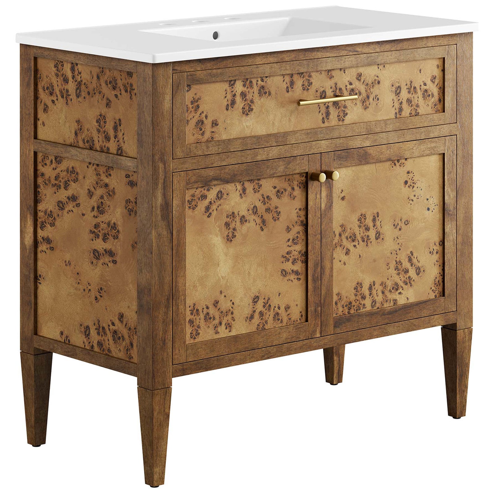 36-inch burl wood vanity with white ceramic basin and brass hardware || EEI-6448-WHI-BRN || front_angle_studio