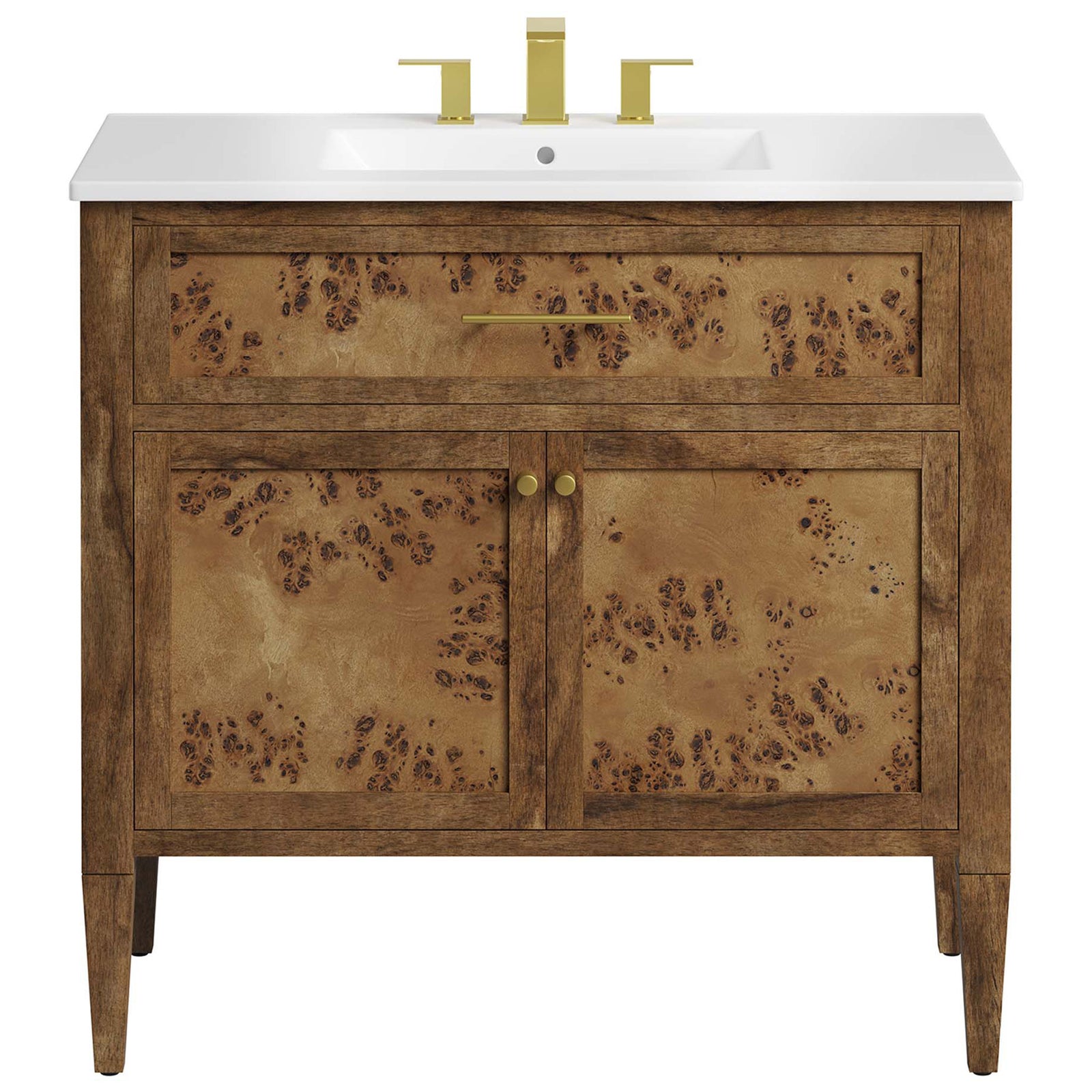 Wide ceramic basin set over a two-door burl wood cabinet || EEI-6448-WHI-BRN || front_studio