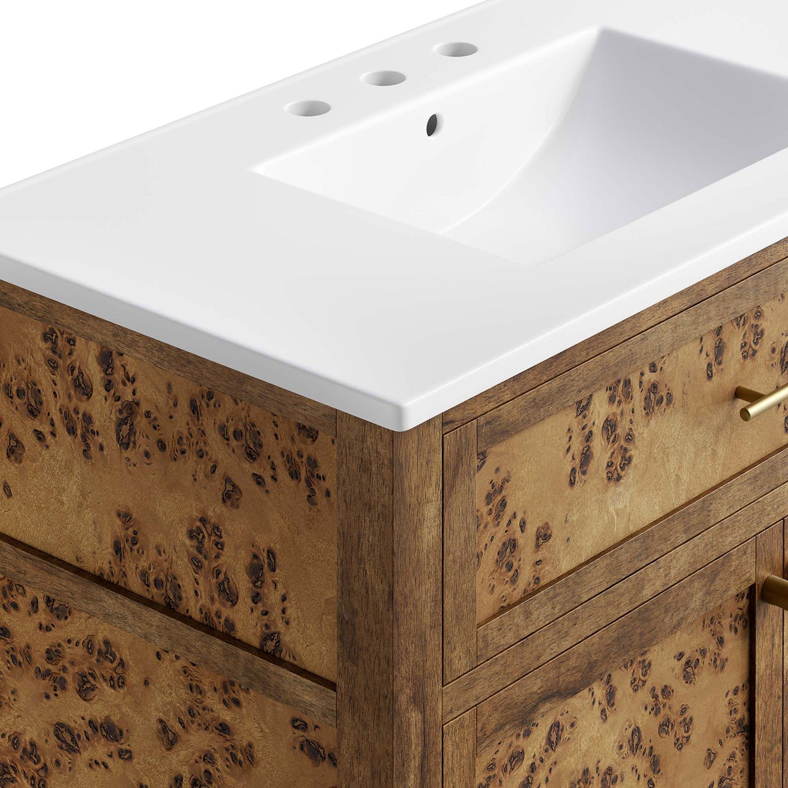 Crisp white basin contrasts with rich burl veneer || EEI-6448-WHI-BRN || detail_studio