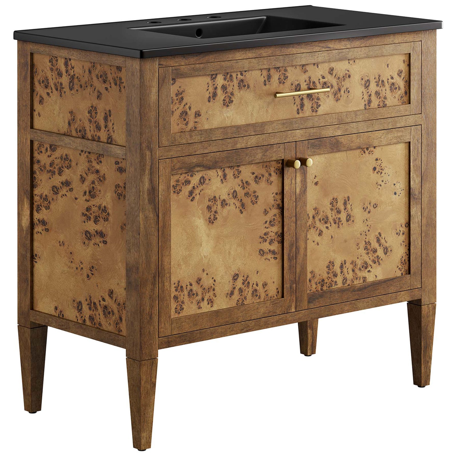 Generous-width burl wood vanity with matte black basin and elegant brass hardware || EEI-6450-BLK-BRN || front_angle_studio
