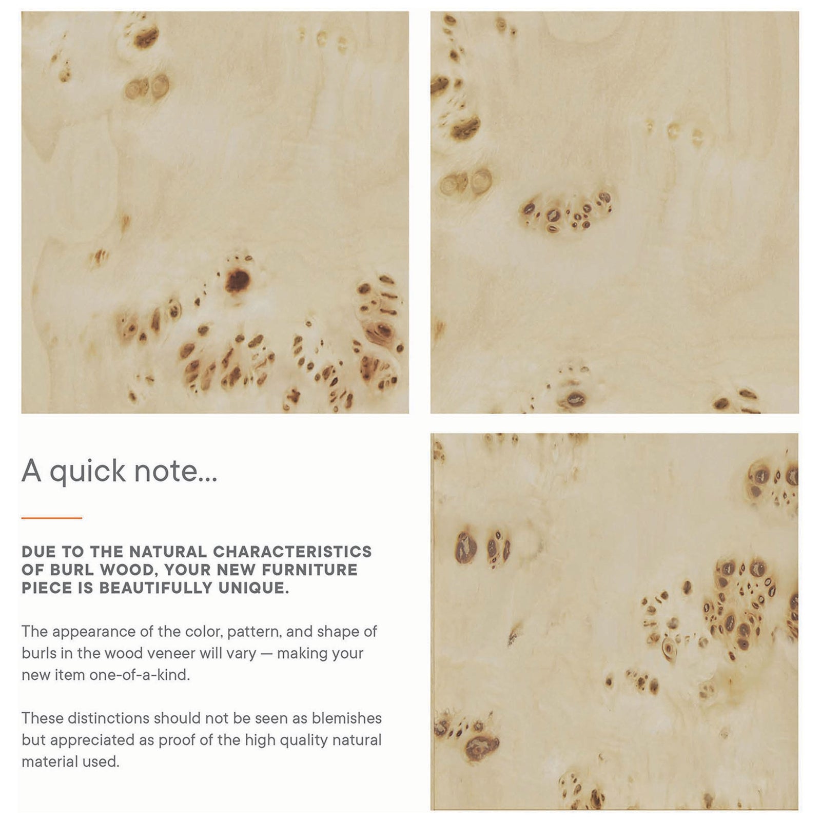 Natural burl patterns vary, giving each mango wood vanity a one-of-a-kind look. || EEI-6451-WHI-BUR || callout_studio